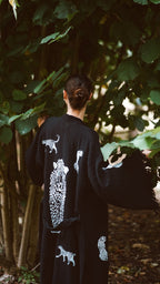 Long Cotton Robe: Black with Cheetah