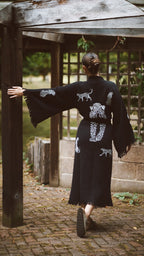 Long Cotton Robe: Black with Cheetah