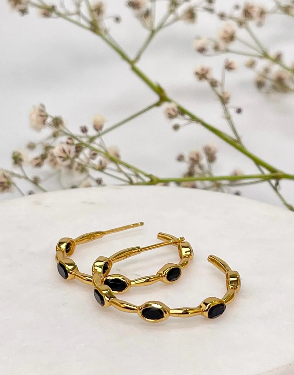 Black Onyx Gold Hoop Earrings