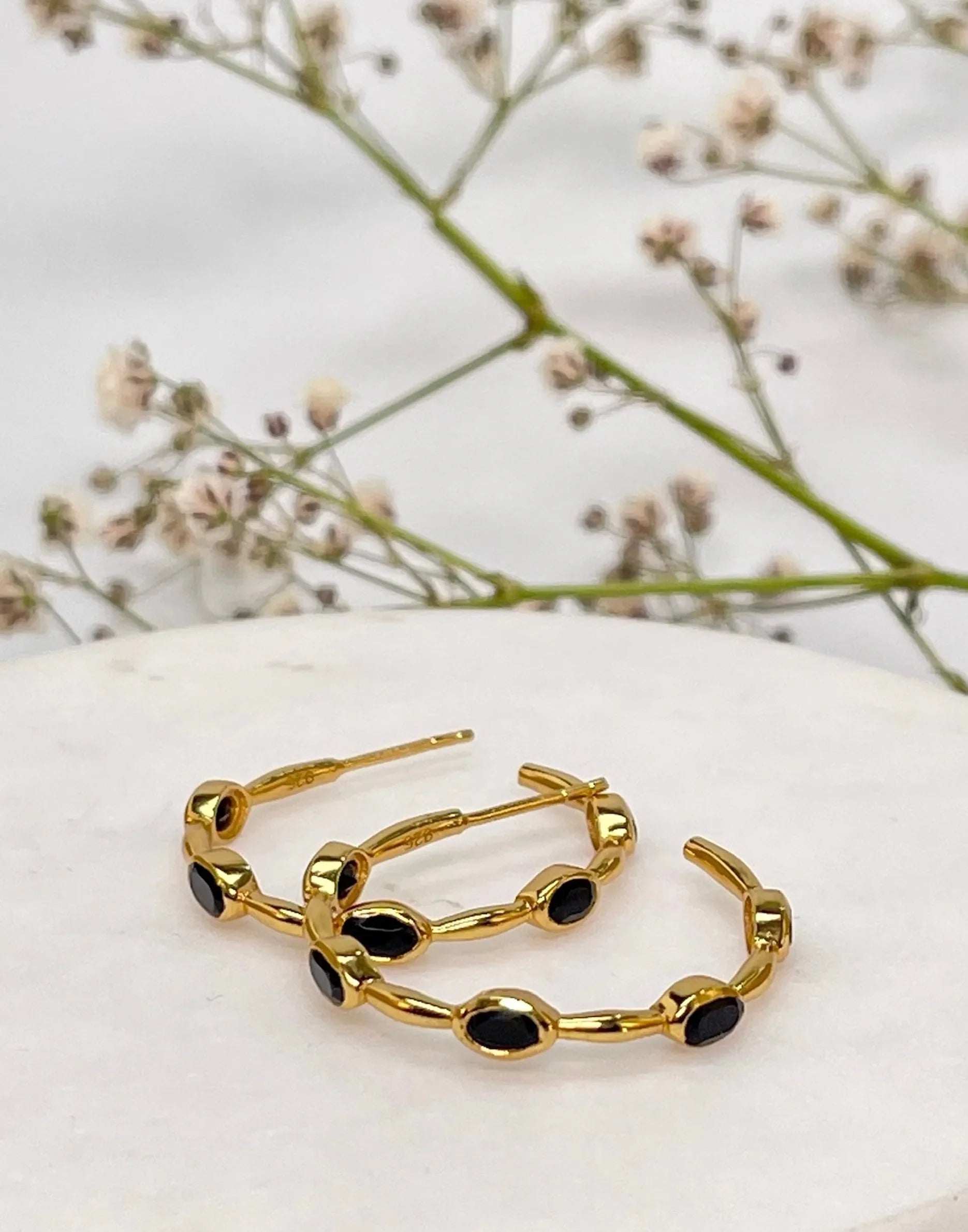 Black Onyx Gold Hoop Earrings