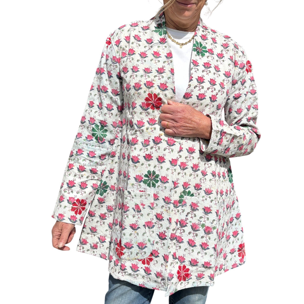 Block Print Pink Long Kantha Coat