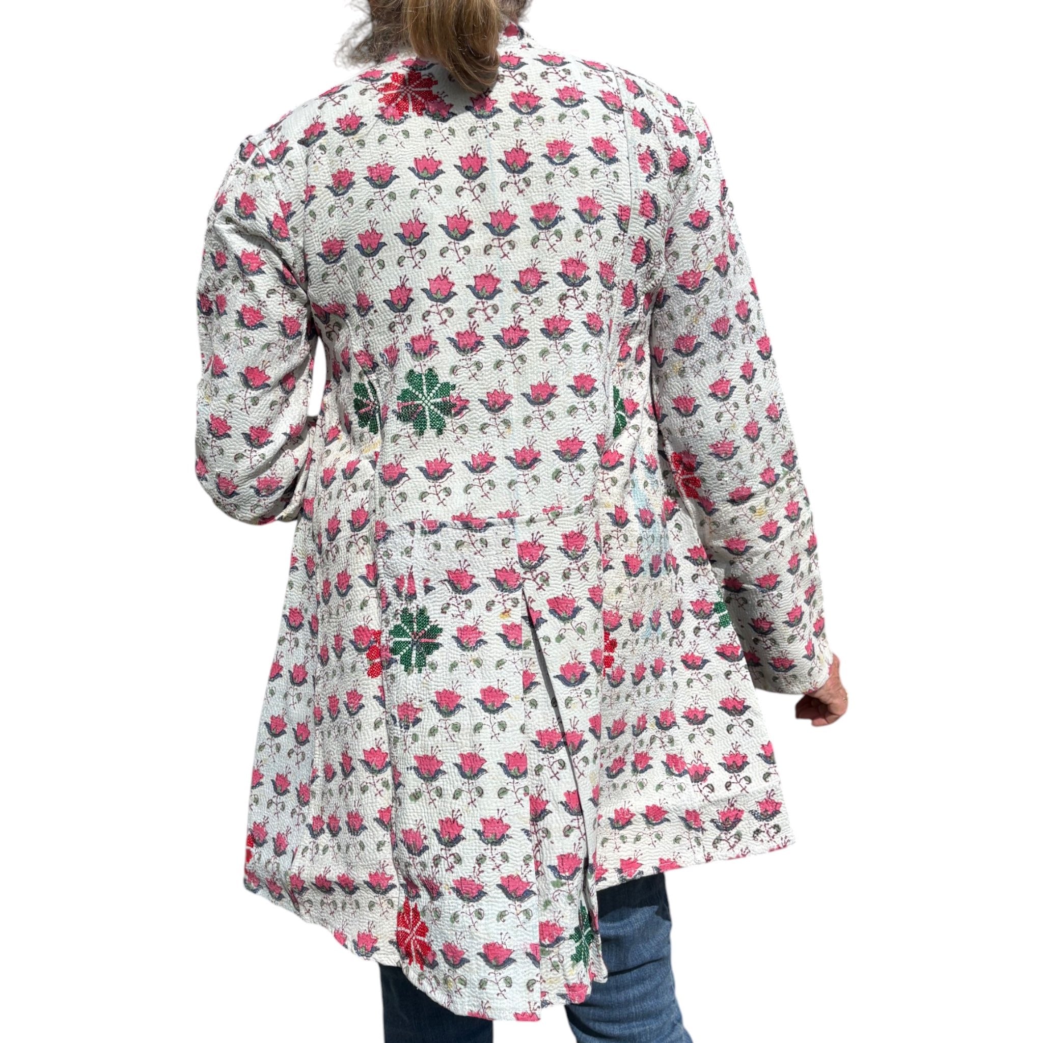 Block Print Pink Long Kantha Coat
