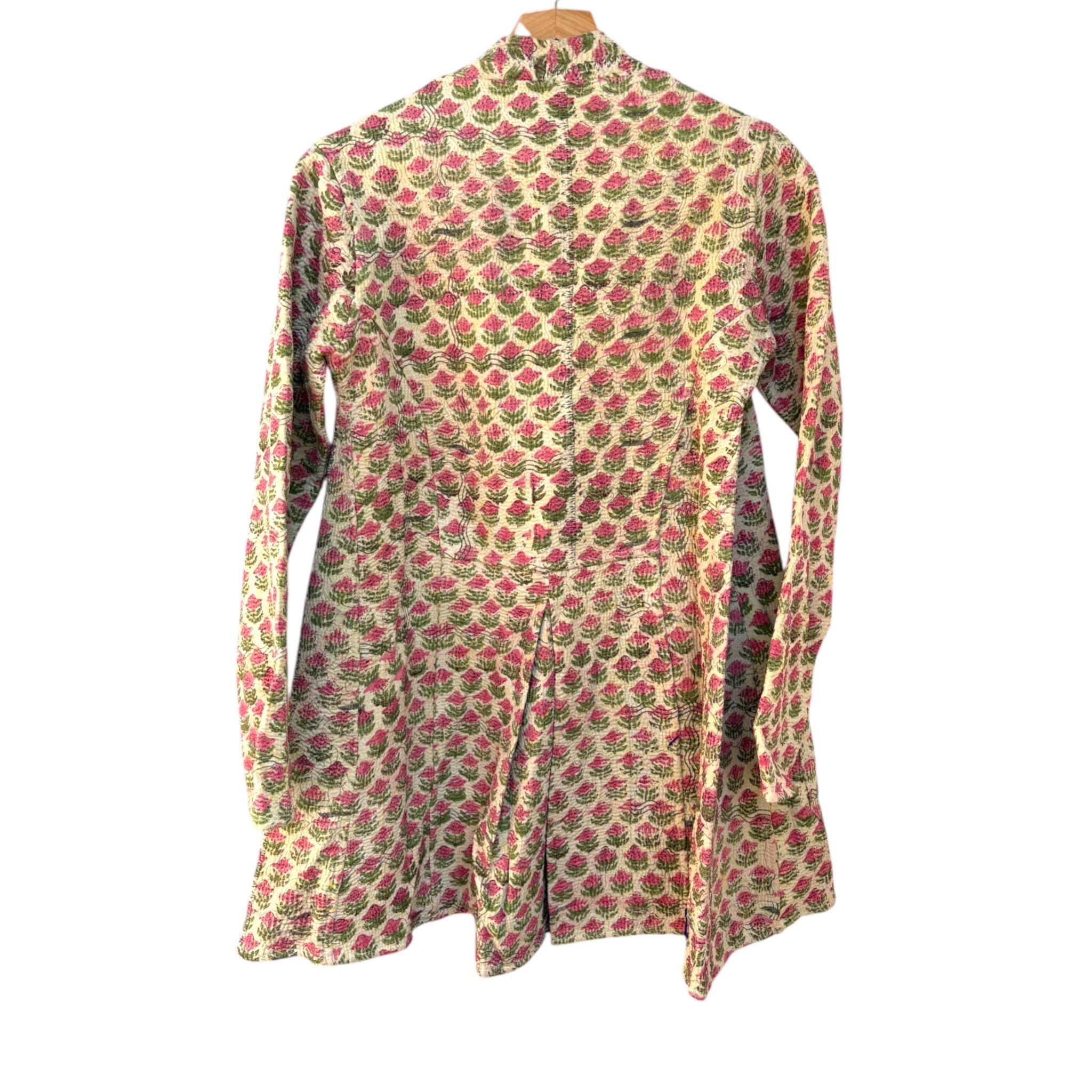 Block Print Pink Flower Long Kantha Coat