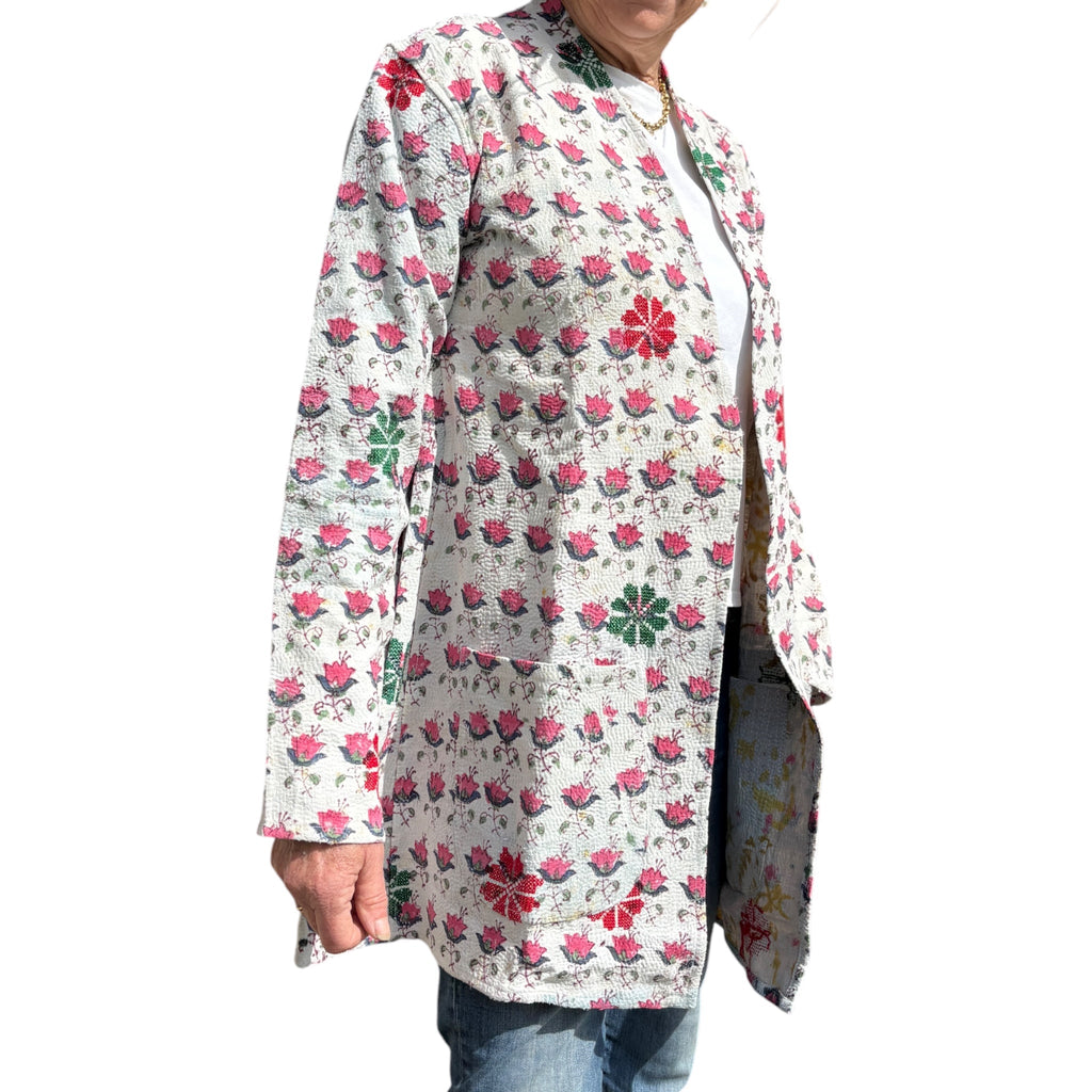 Block Print Pink Long Kantha Coat