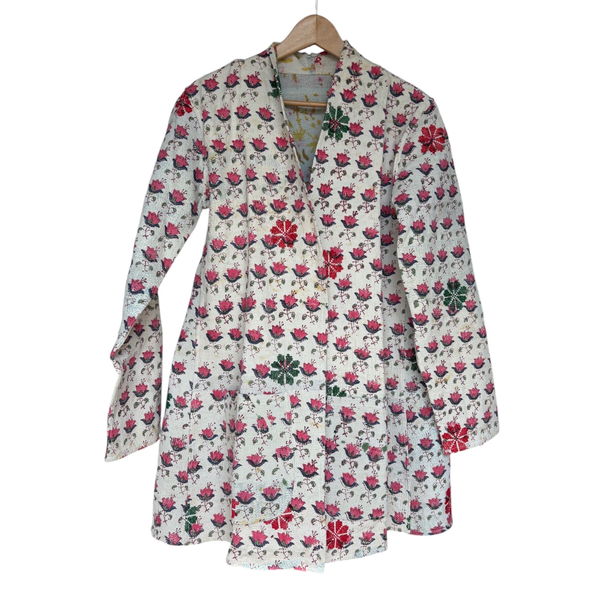 Block Print Pink Long Kantha Coat