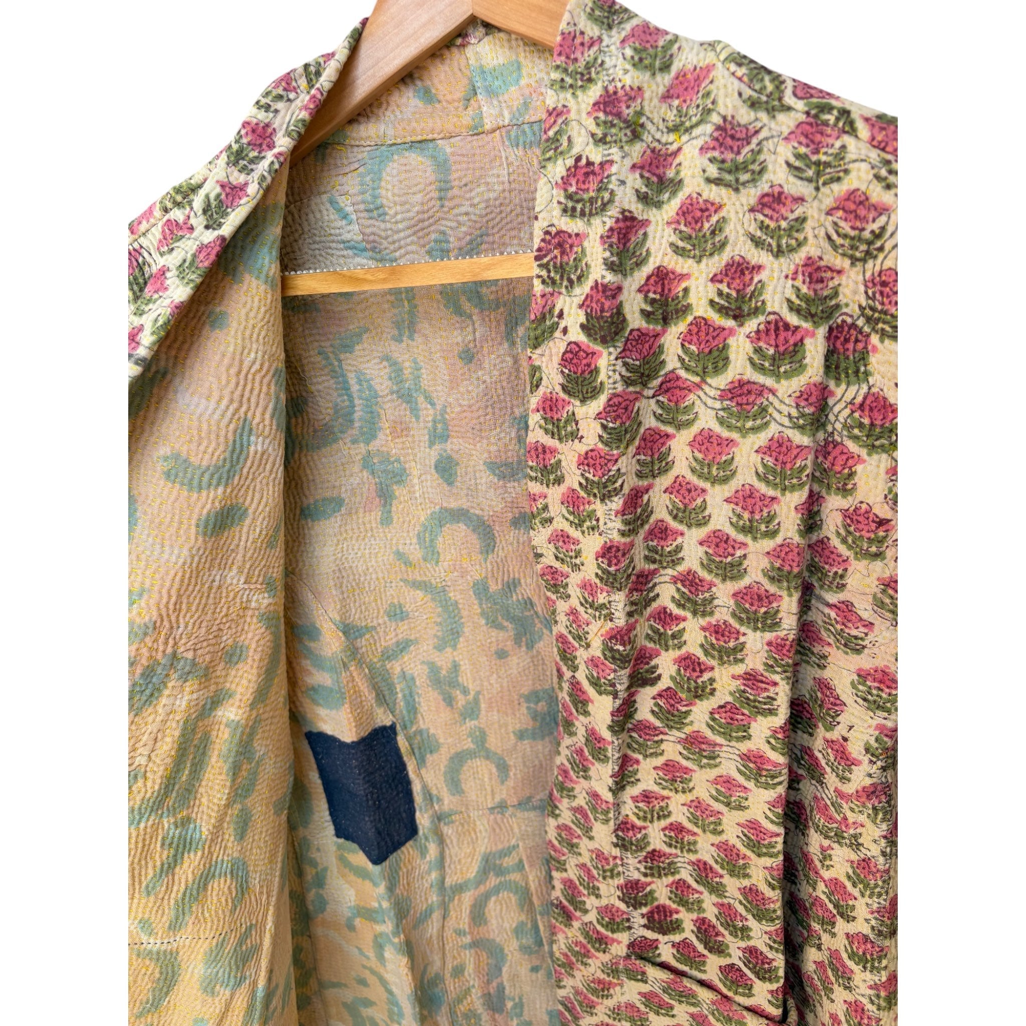 Block Print Pink Flower Long Kantha Coat