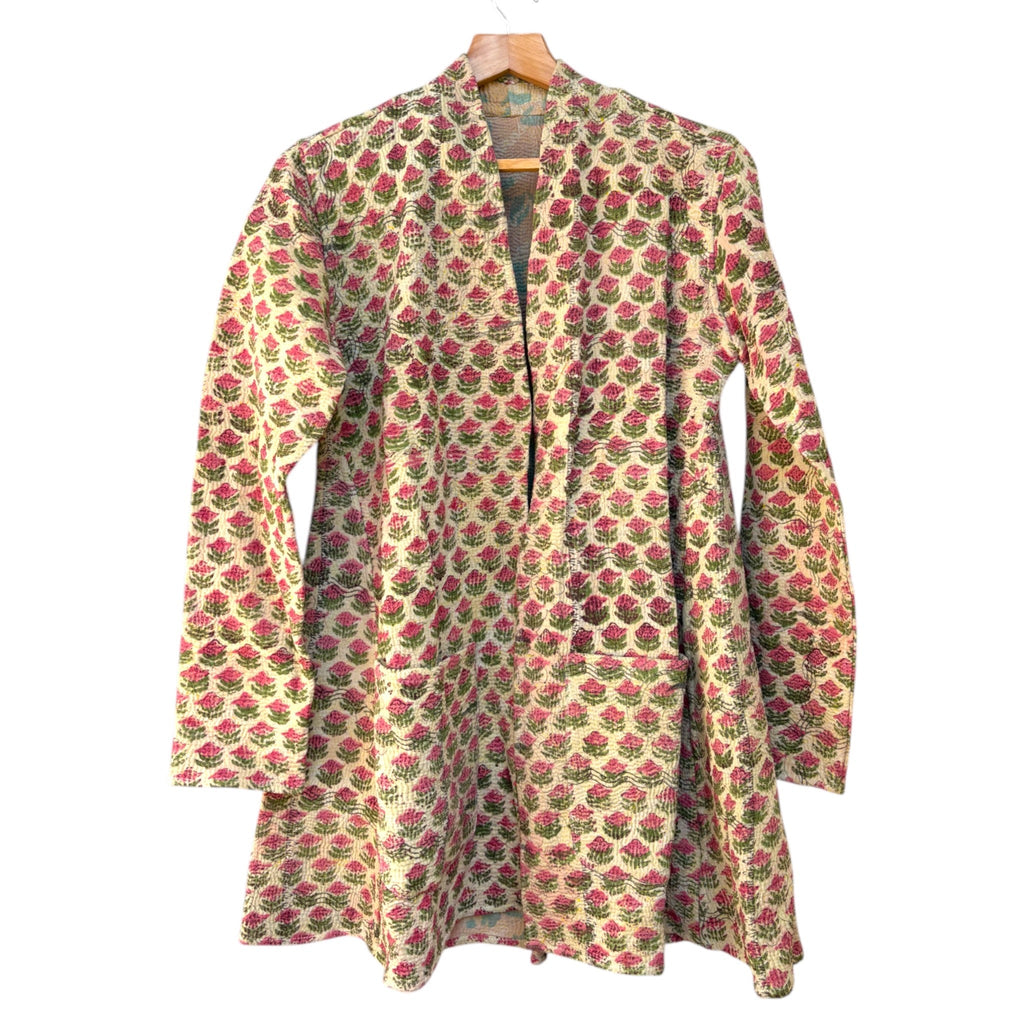 Block Print Pink Flower Long Kantha Coat