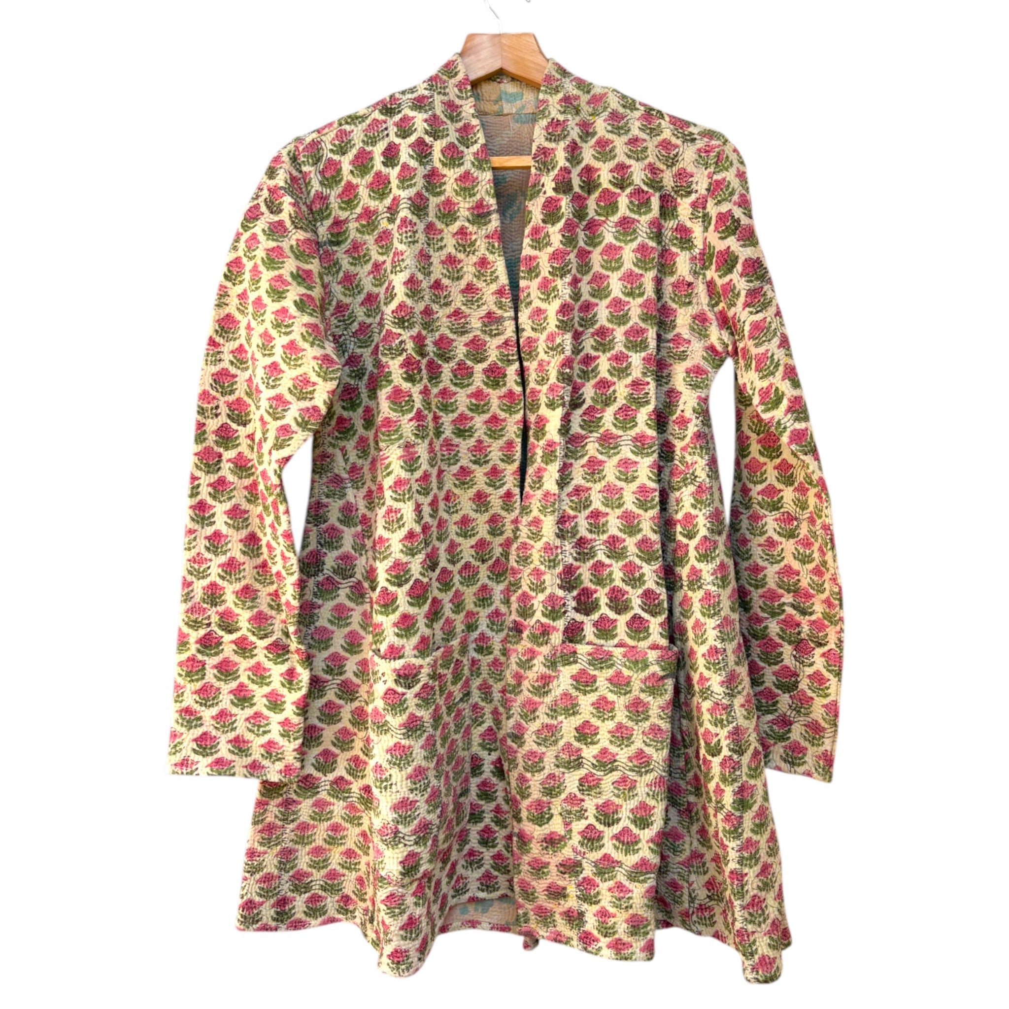 Block Print Pink Flower Long Kantha Coat