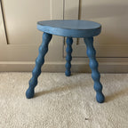 Vintage French three legged blue stool with bobbin turned legs