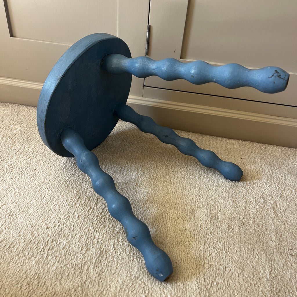 Vintage French three legged blue stool with bobbin turned legs