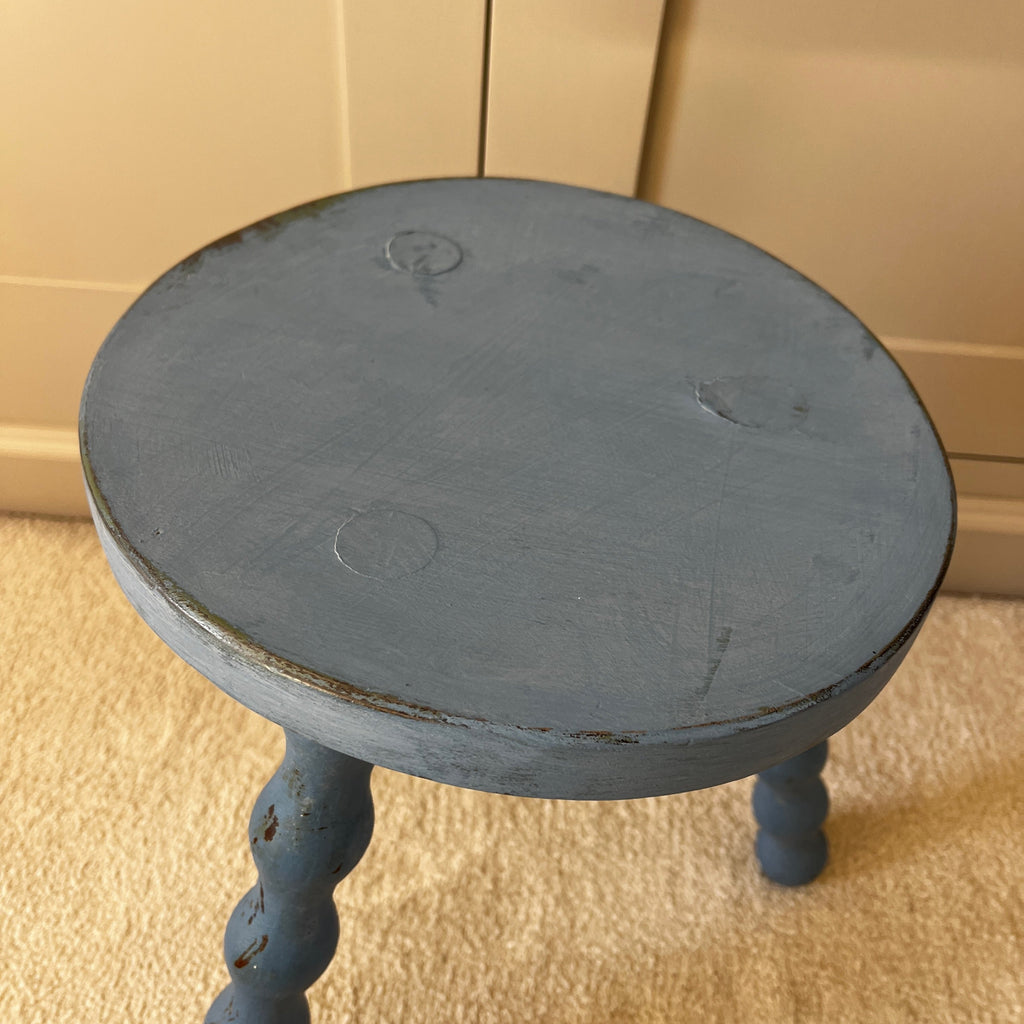 Vintage French three legged blue stool with bobbin turned legs