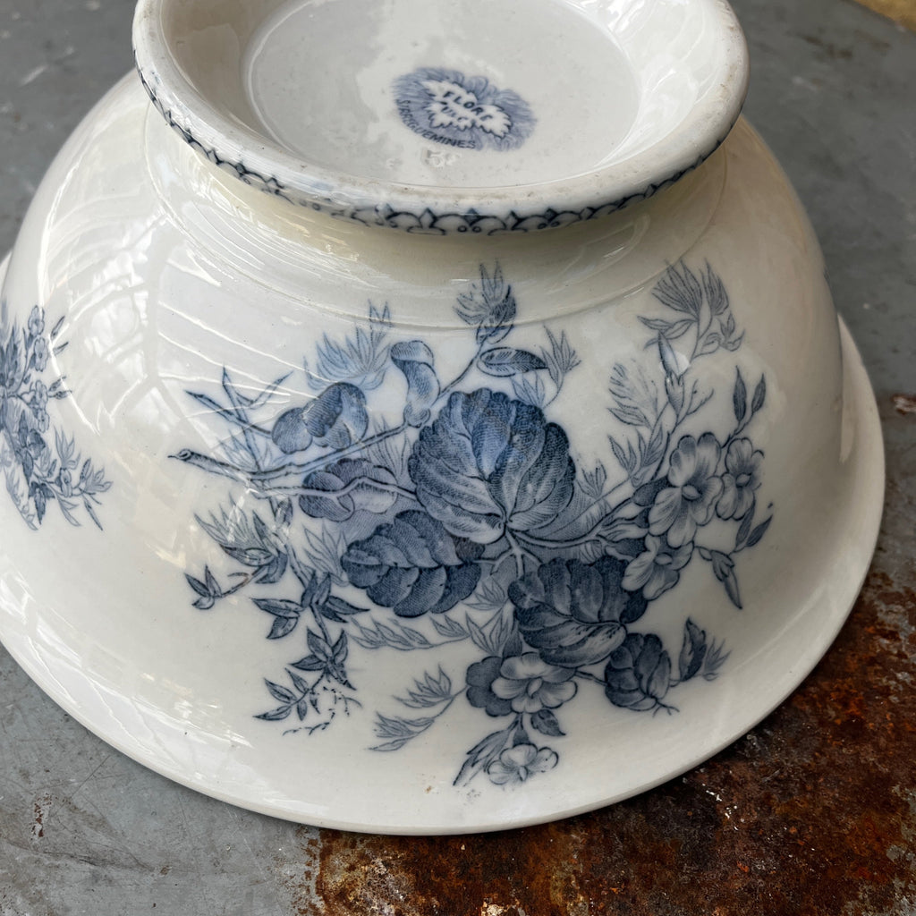 Vintage French Sarreguemines 'Flore' Pattern Blue & White Bowl
