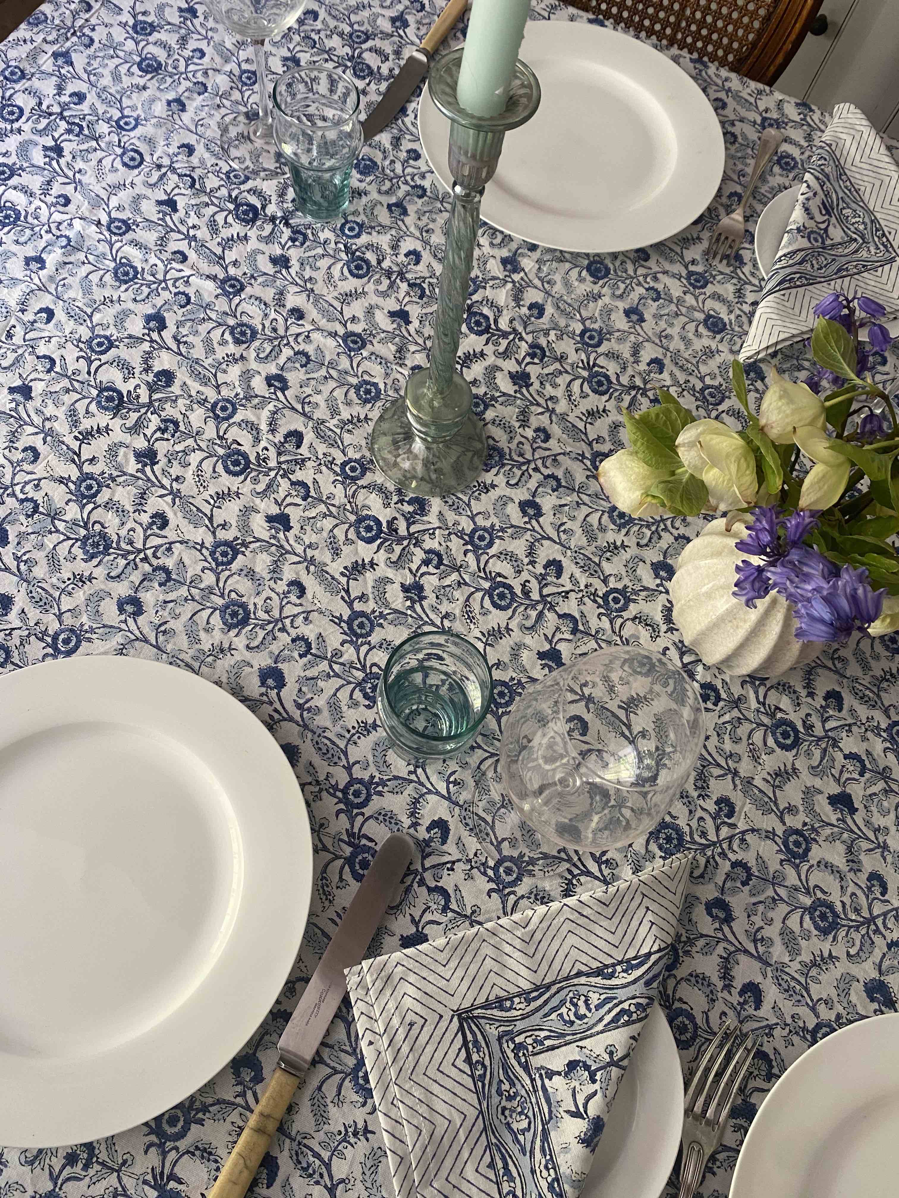 Blue & White Block Printed Cotton Tablecloth