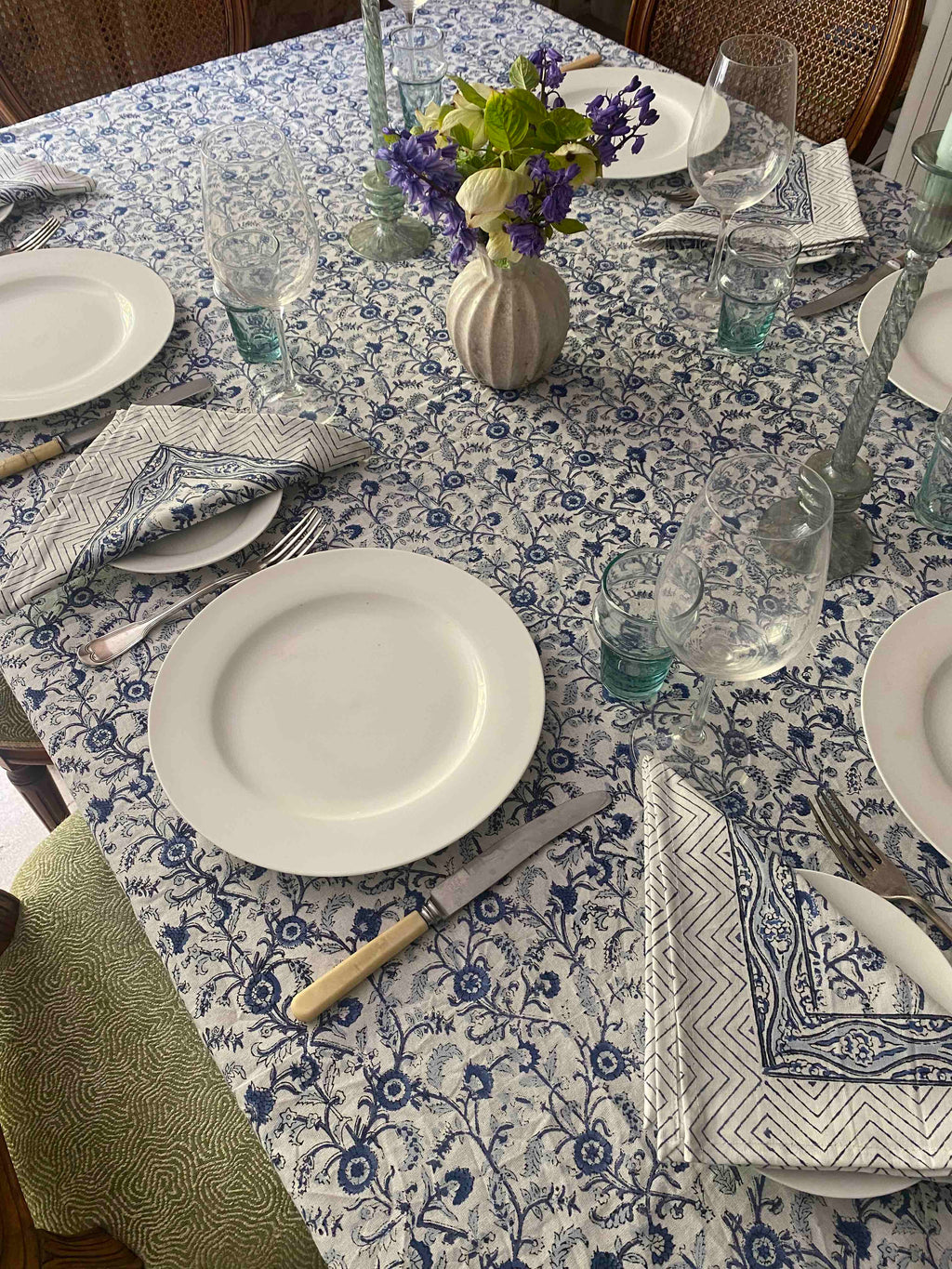 Blue & White Block Printed Cotton Tablecloth