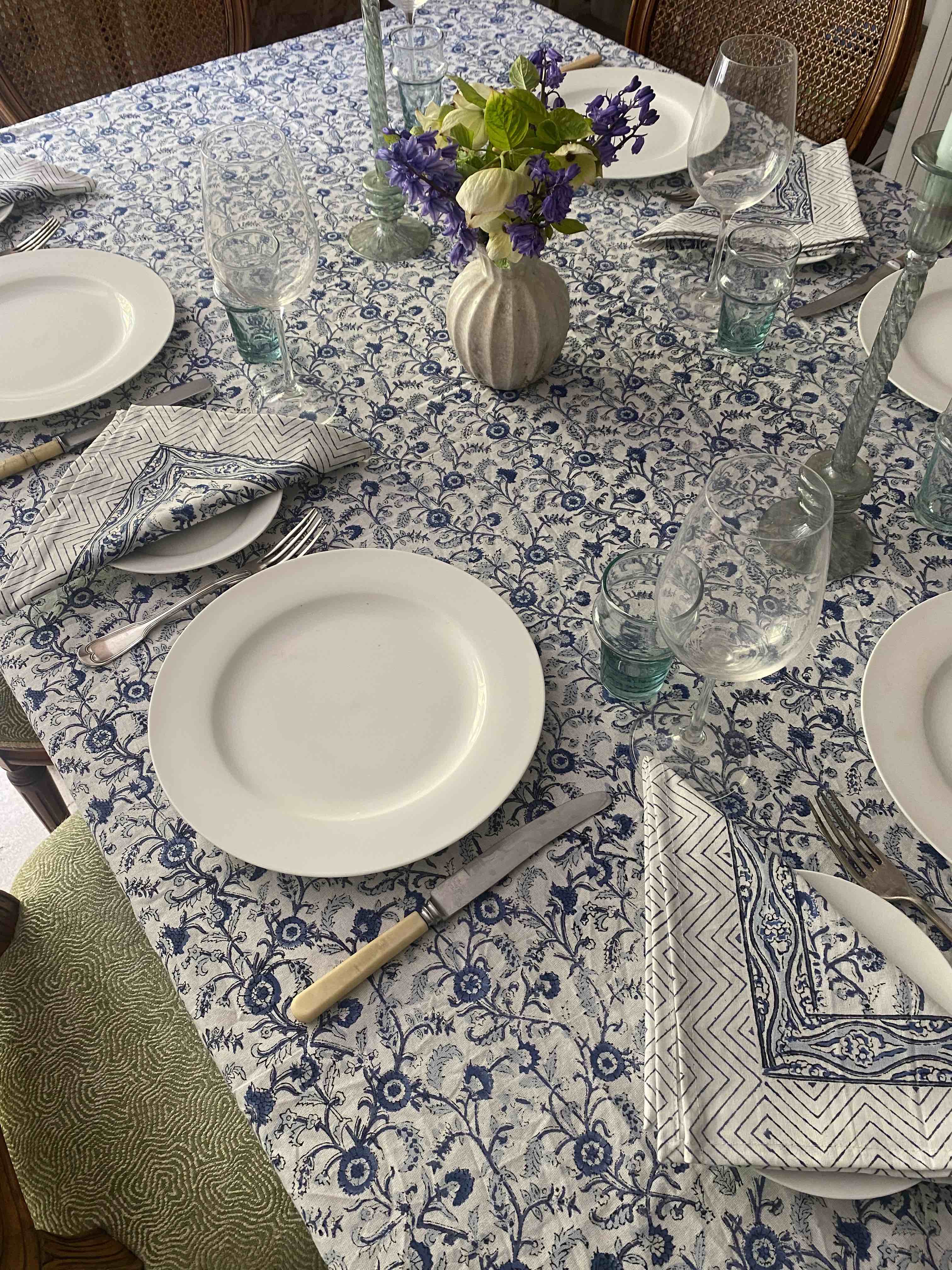 Blue & White Block Printed Cotton Tablecloth