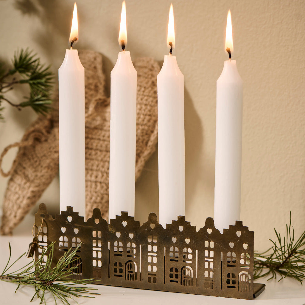 Brass 'House Facade' Candle Holder | Gift Set Includes 4 Candles