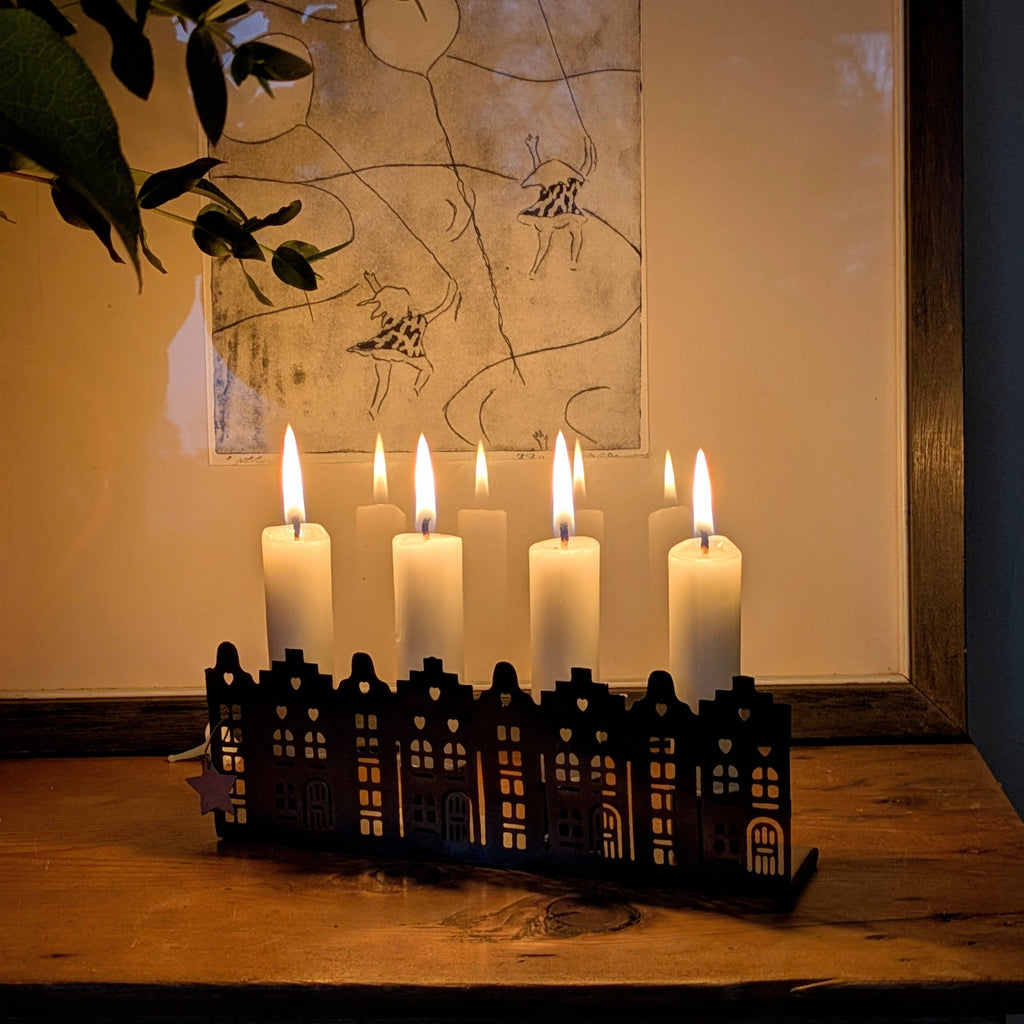 Brass 'House Facade' Candle Holder | Gift Set Includes 4 Candles