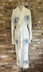 Long Cotton Robe: White with Blue Eye
