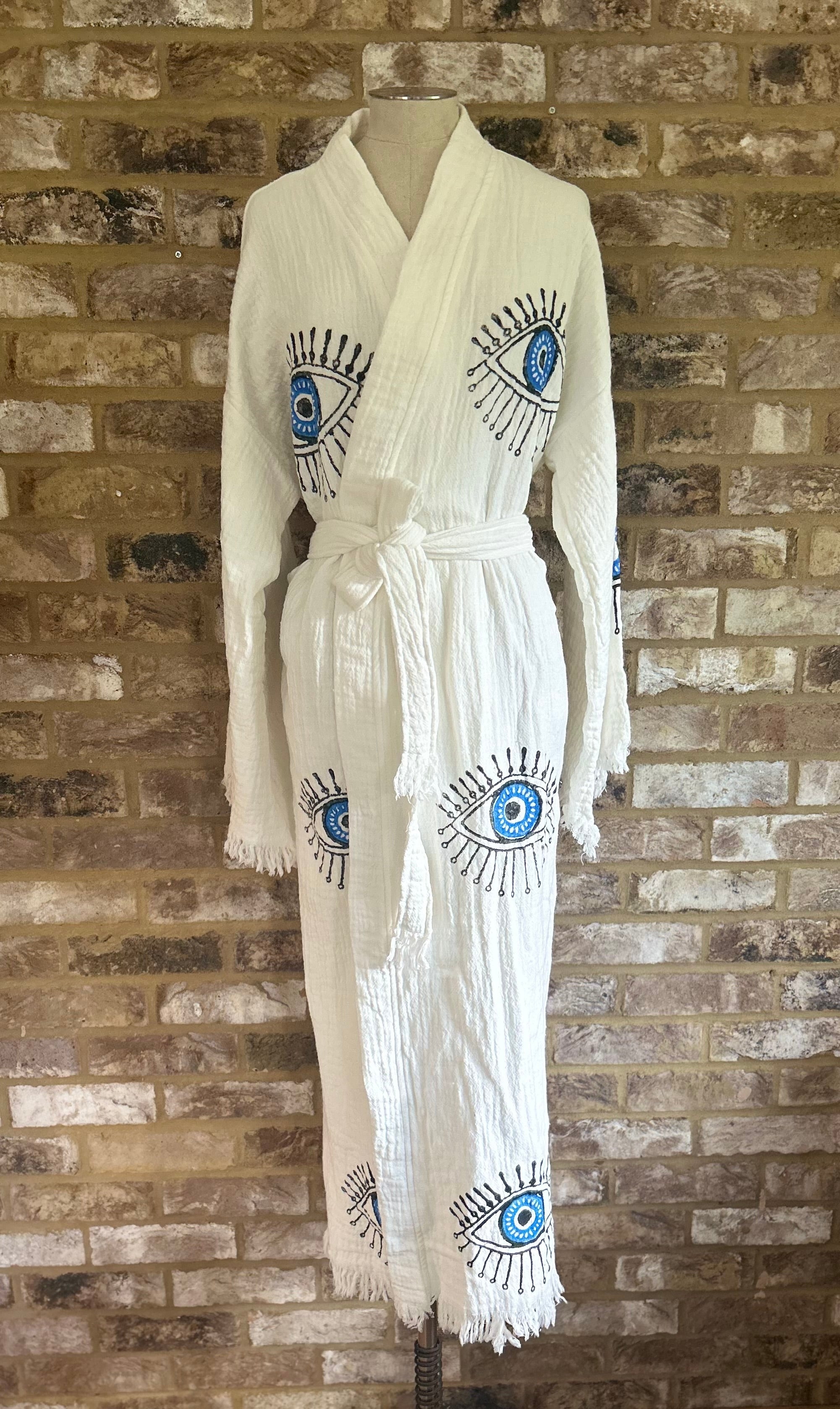 Long Cotton Robe: White with Blue Eye