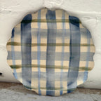 Gingham check hand shaped ceramic plate with scalloped edge