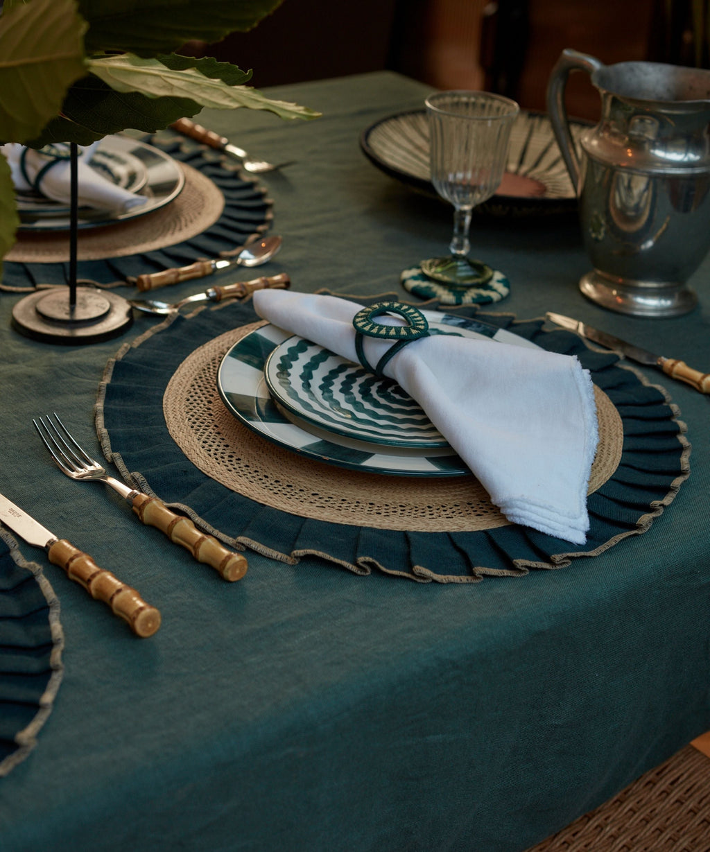 Arandela Placemat | Handwoven Panama Hat Straw & Linen, Teal