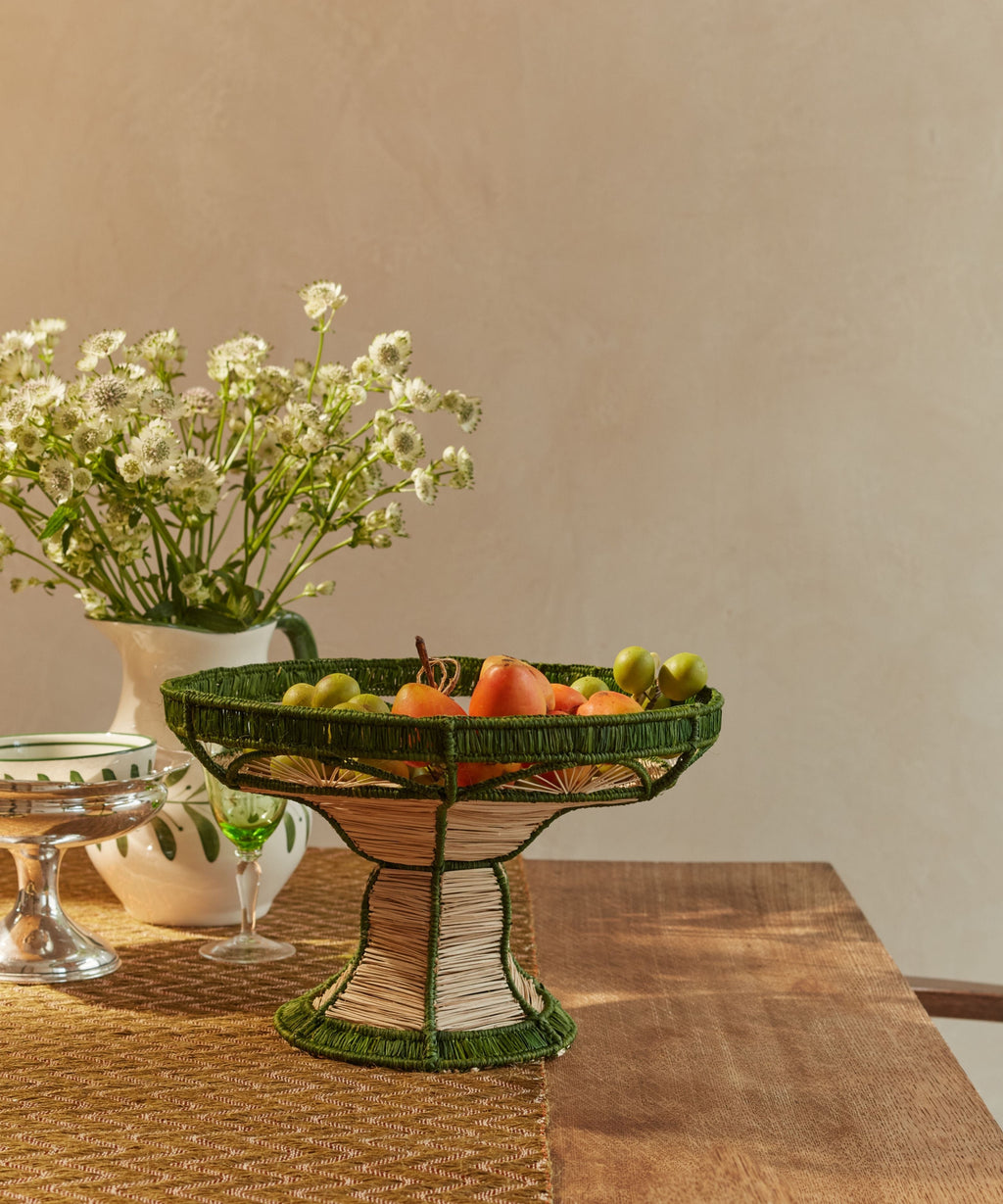 Deco Pedestal Fruit Bowl | Handwoven Iraca Palm, Green