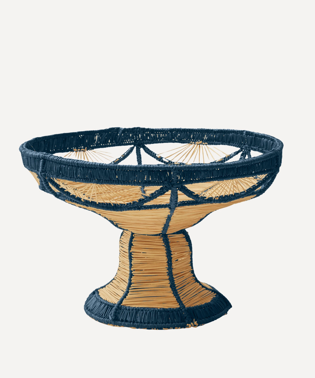 Deco Pedestal Fruit Bowl | Handwoven Iraca Palm, Deep Blue