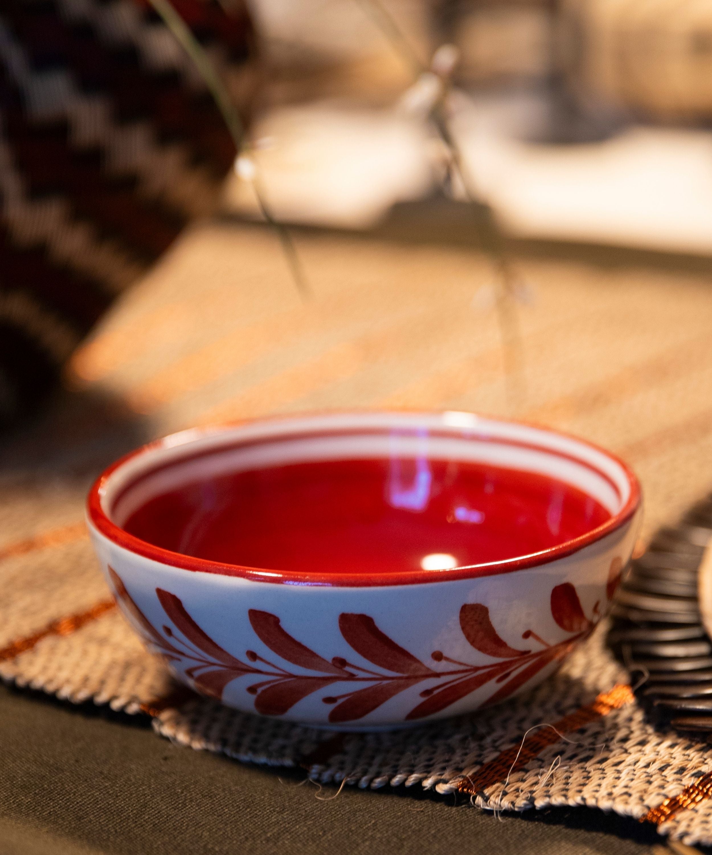 Helecho Tapas Bowl | Hand-Painted Fern Wreath Ceramic, Rust Red