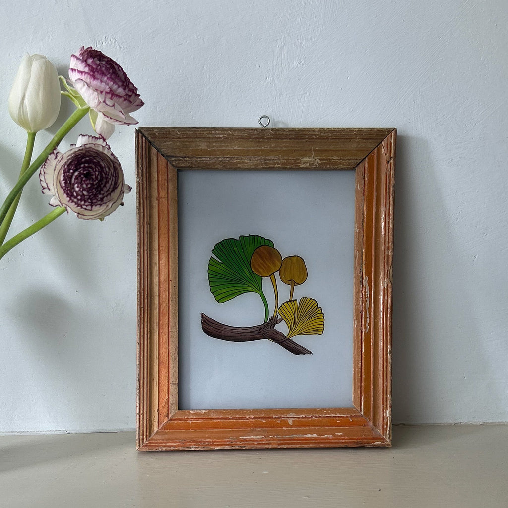 NEW GINKGO LEAVES AND MUSHROOMS Indian glass painting