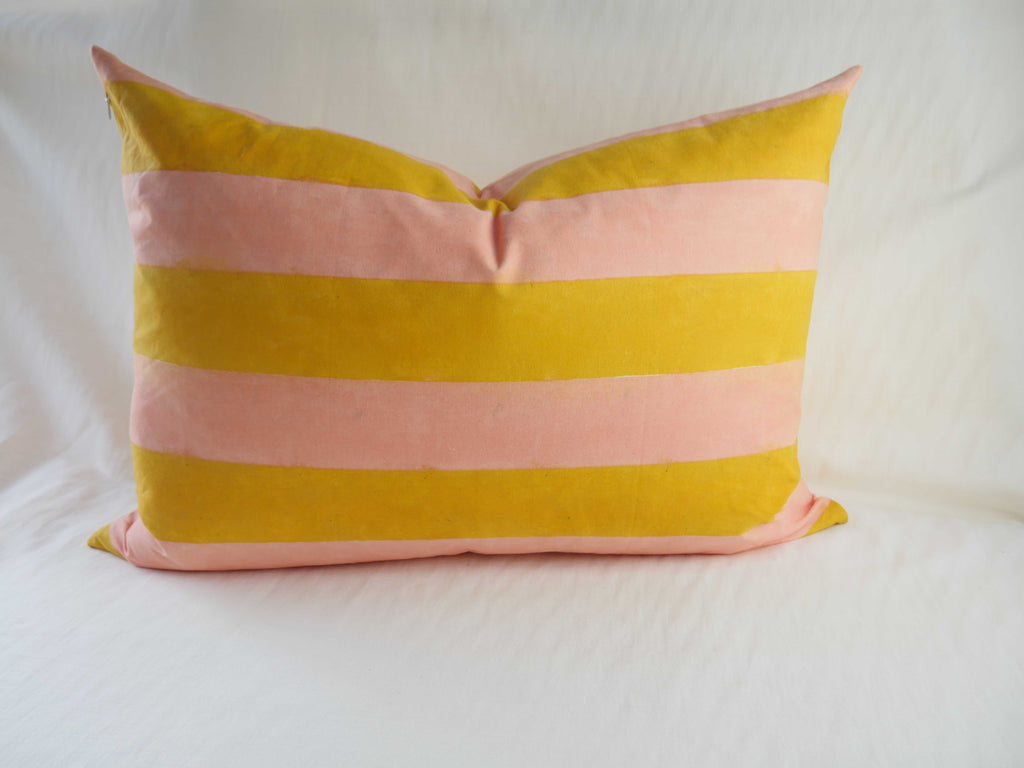 WIDE STRIPE PINK AND APRICOT block printed cushion