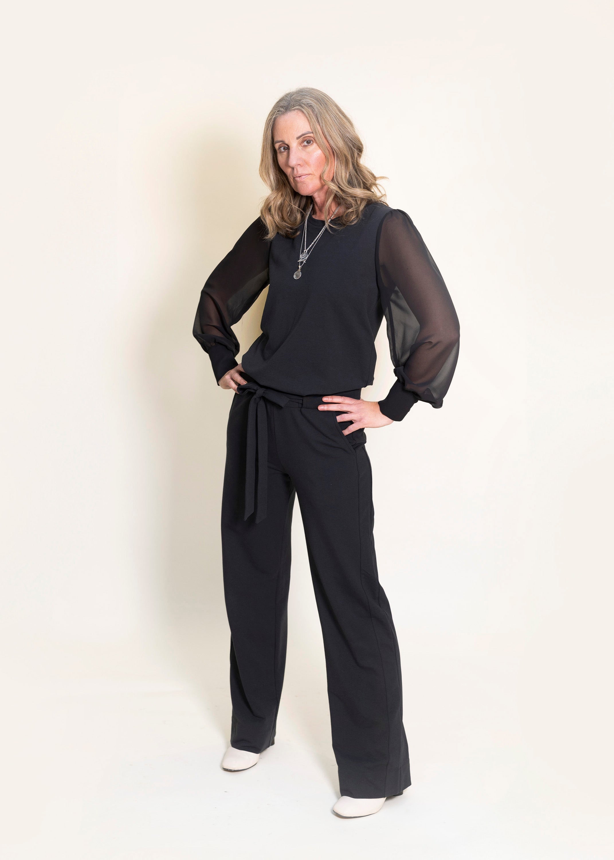 DAPHNE sheer sleeve top, charcoal