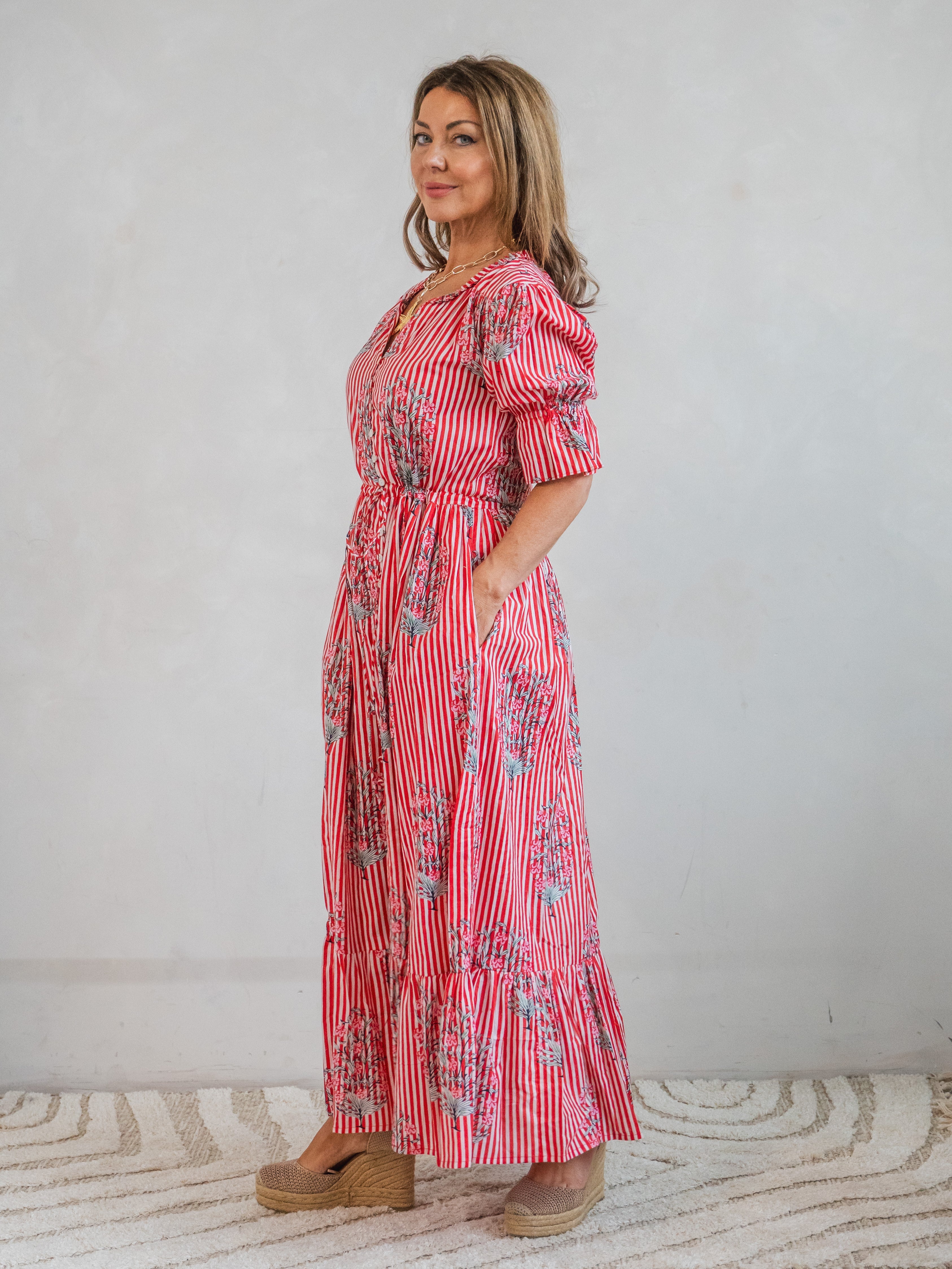 'CHERISH' DRESS IN RED STRIPE GARLAND