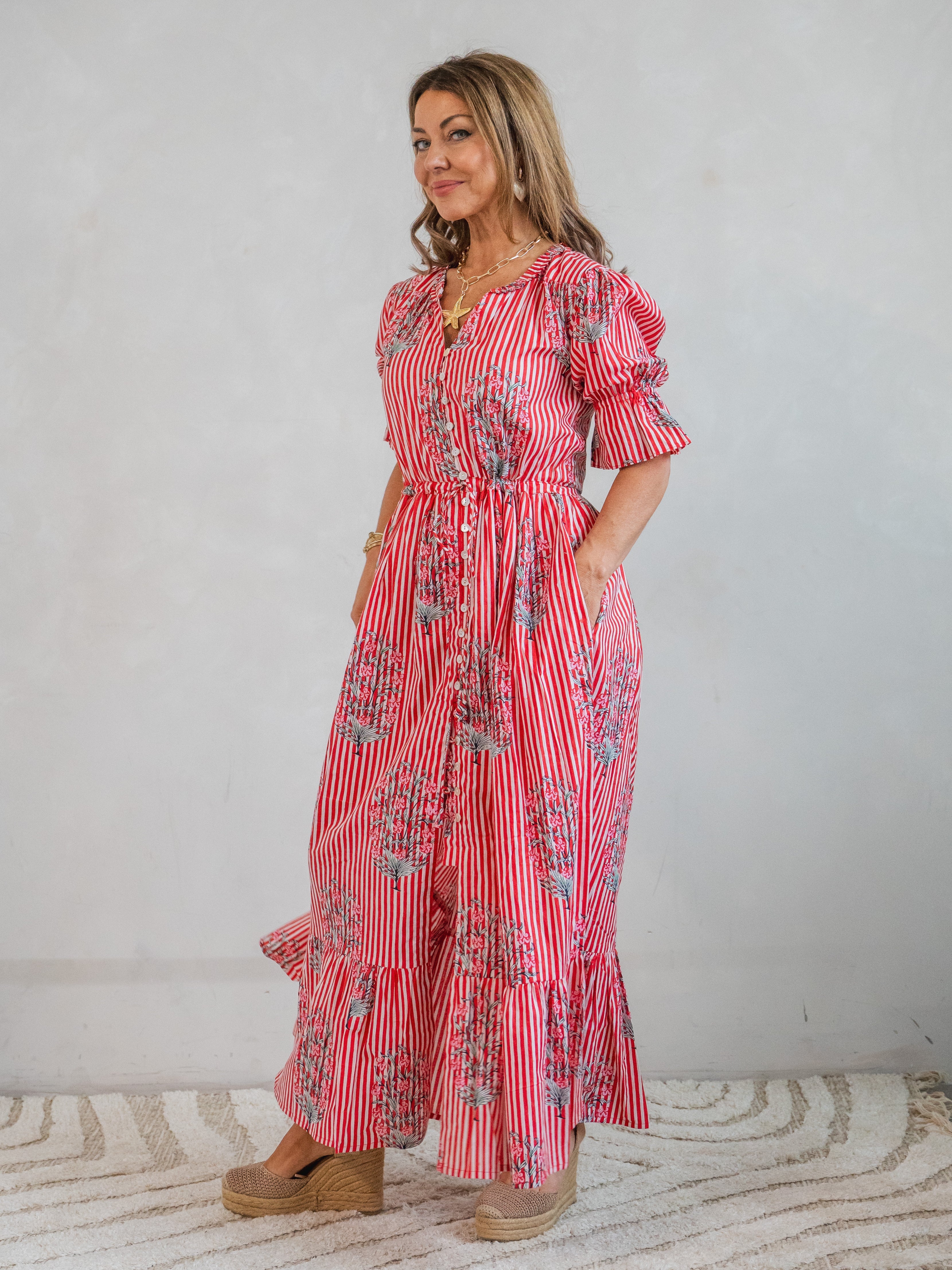 'CHERISH' DRESS IN RED STRIPE GARLAND