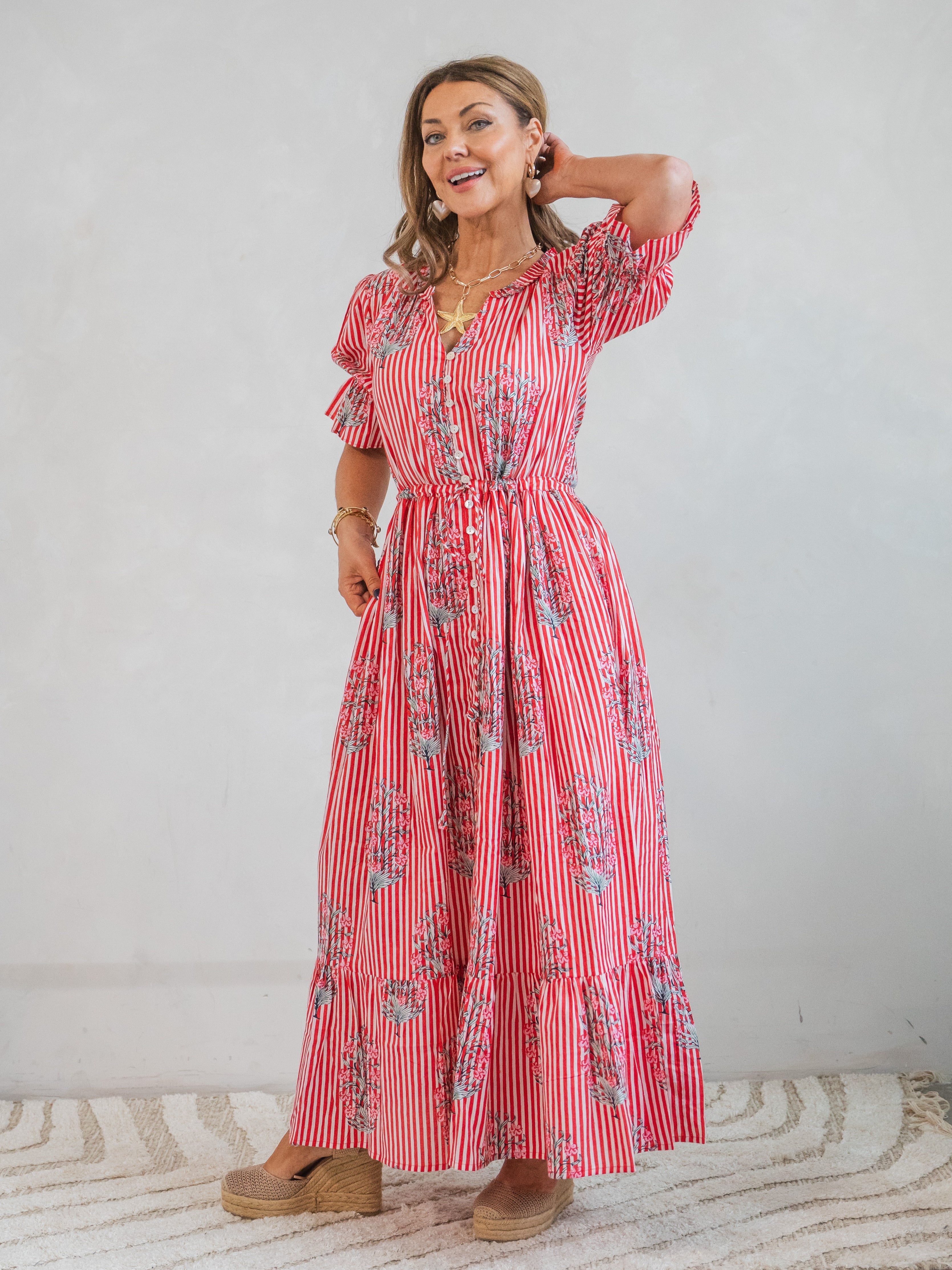 'CHERISH' DRESS IN RED STRIPE GARLAND