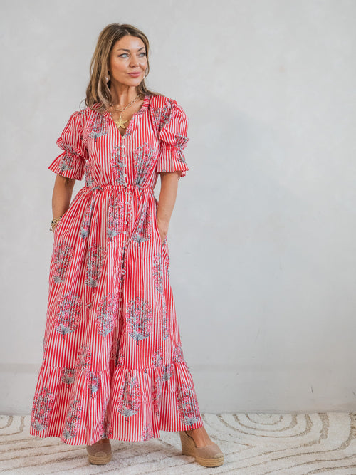 'CHERISH' DRESS IN RED STRIPE GARLAND