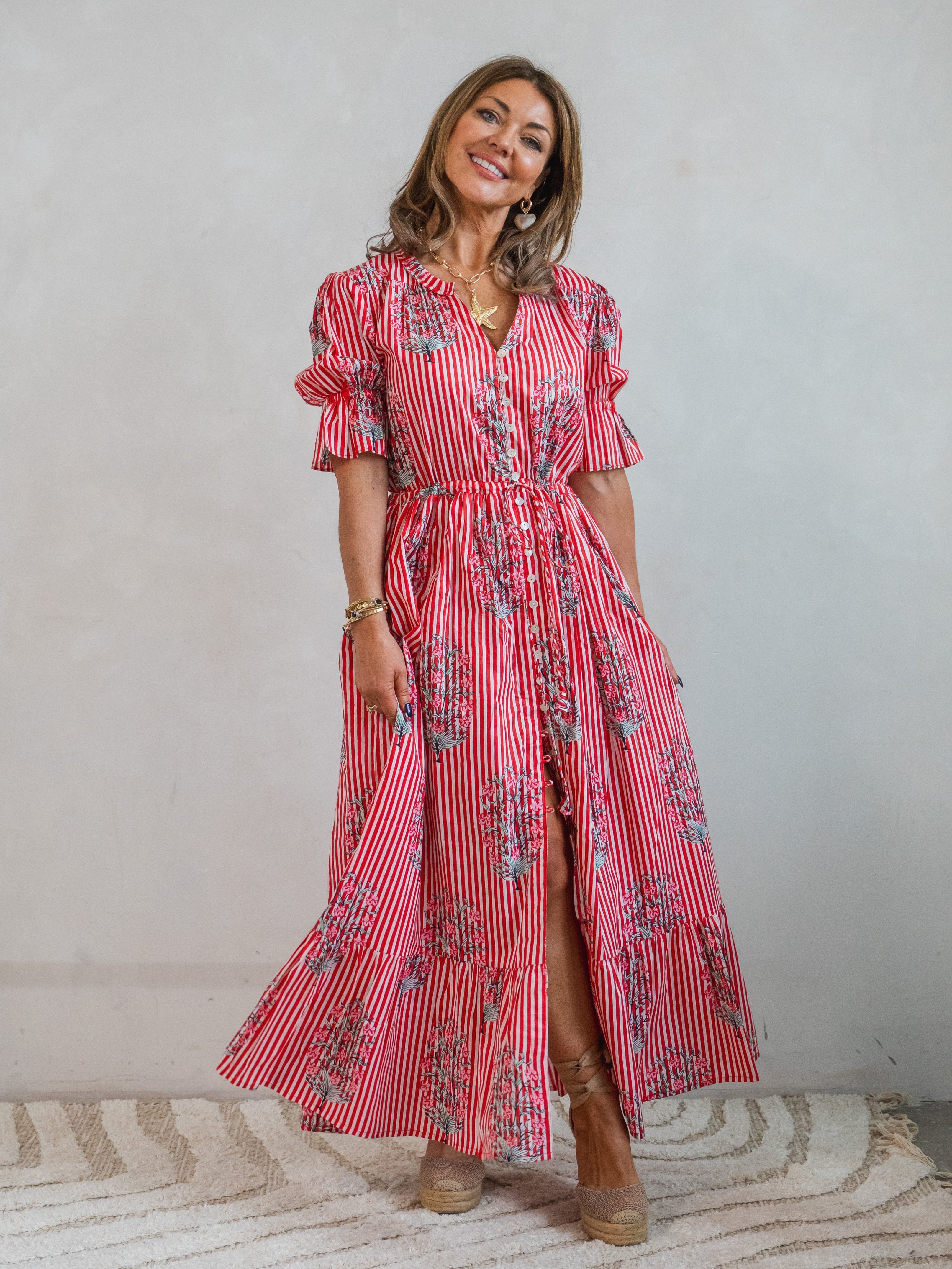 'CHERISH' DRESS IN RED STRIPE GARLAND