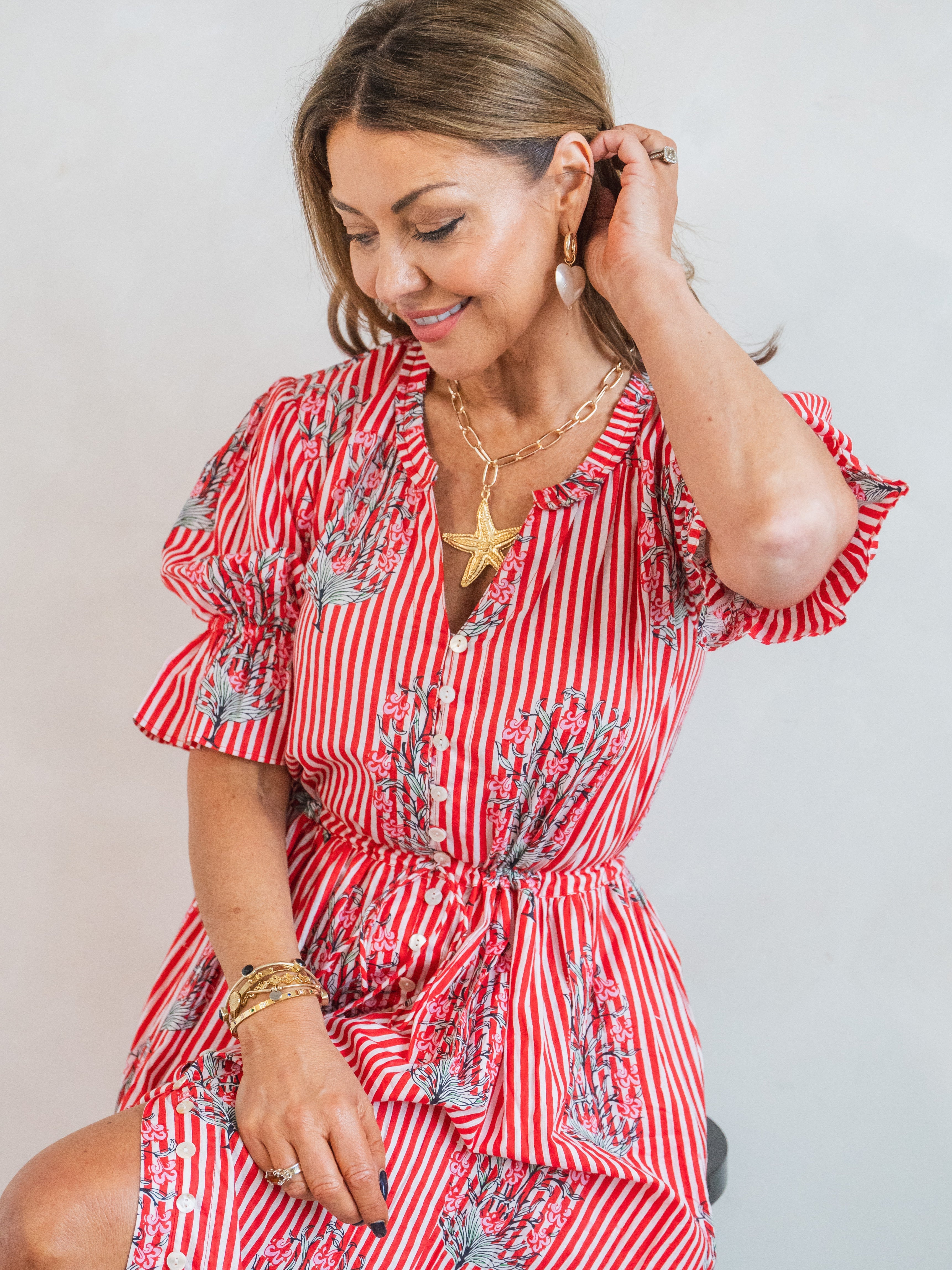 'CHERISH' DRESS IN RED STRIPE GARLAND