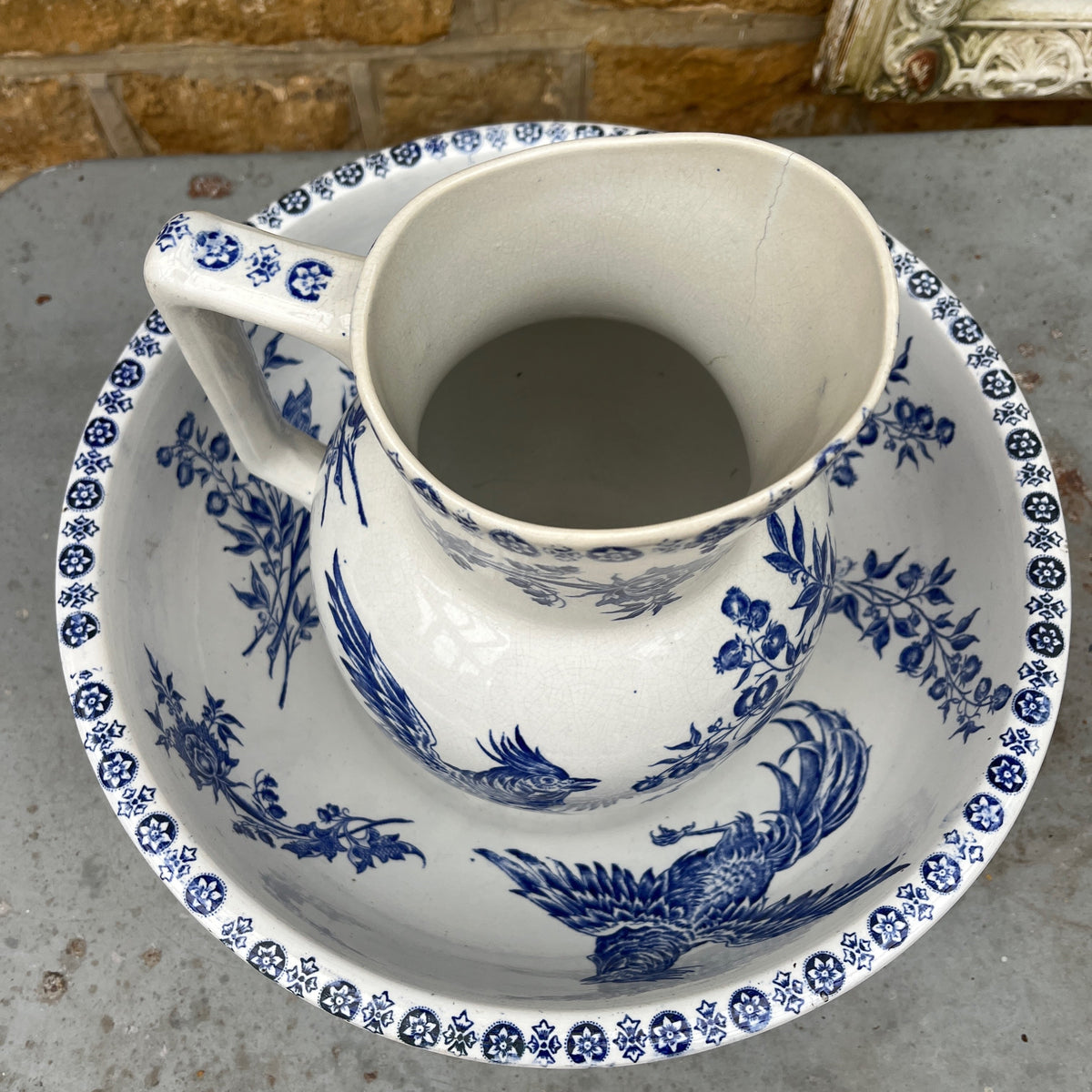 An Antique French Blue & White 'Cockerel' Transferware Wash Jug & Bowl by Sarreguemines