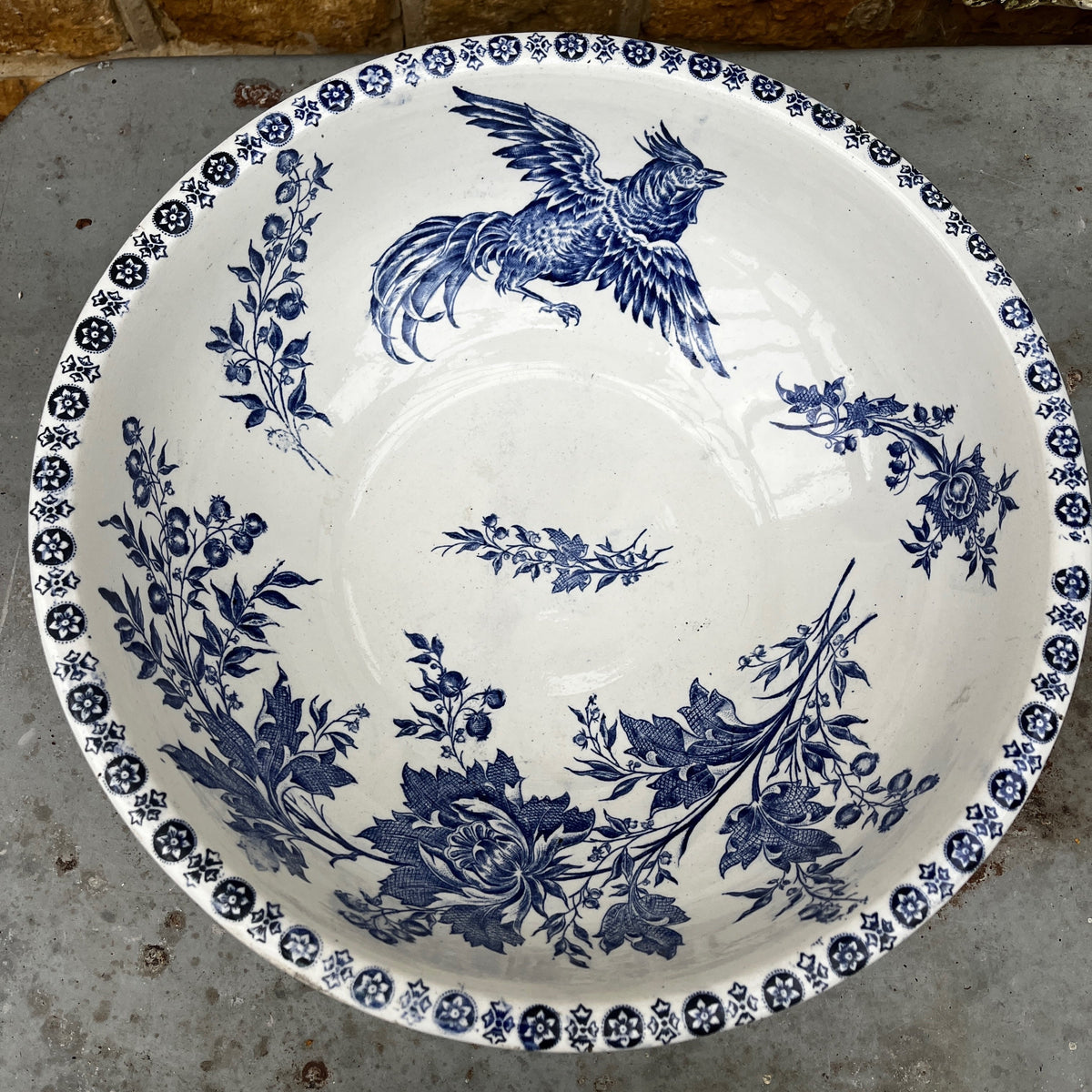 An Antique French Blue & White 'Cockerel' Transferware Wash Jug & Bowl by Sarreguemines