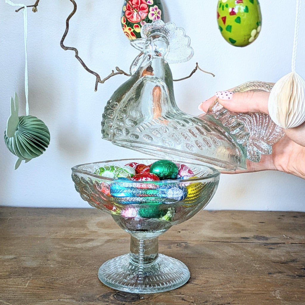 Decorative Easter Cockerel Glass Trinket Dish W/Lid