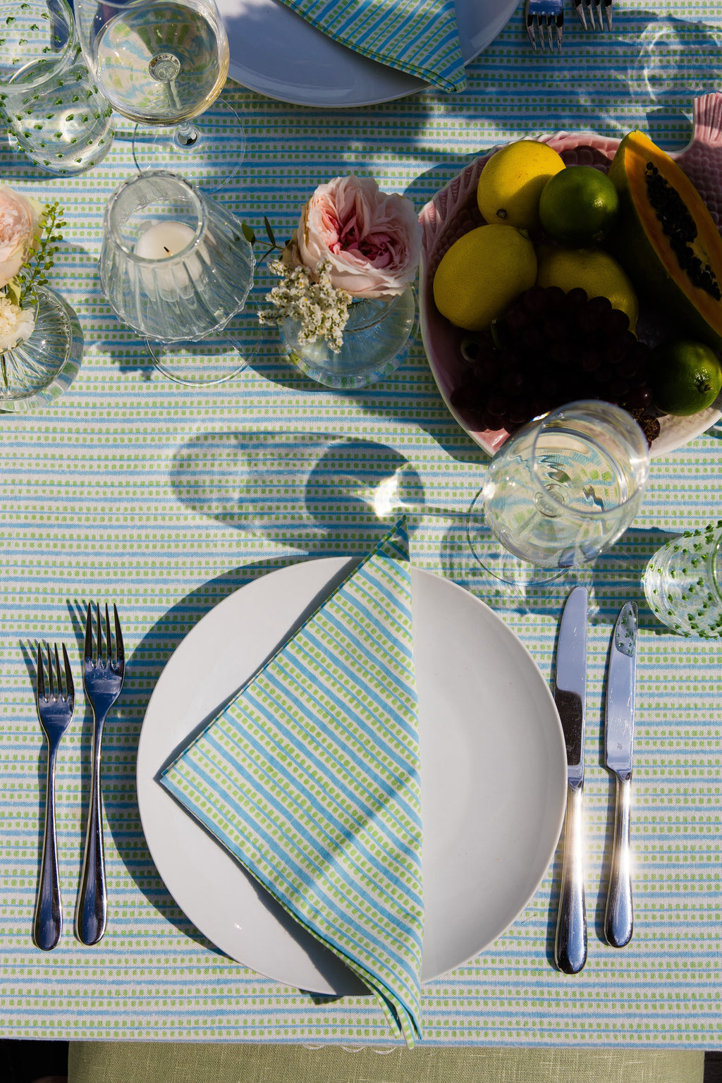 Contemporary Green & Turquoise Dash & Dot - Block Printed Cotton Tablecloth