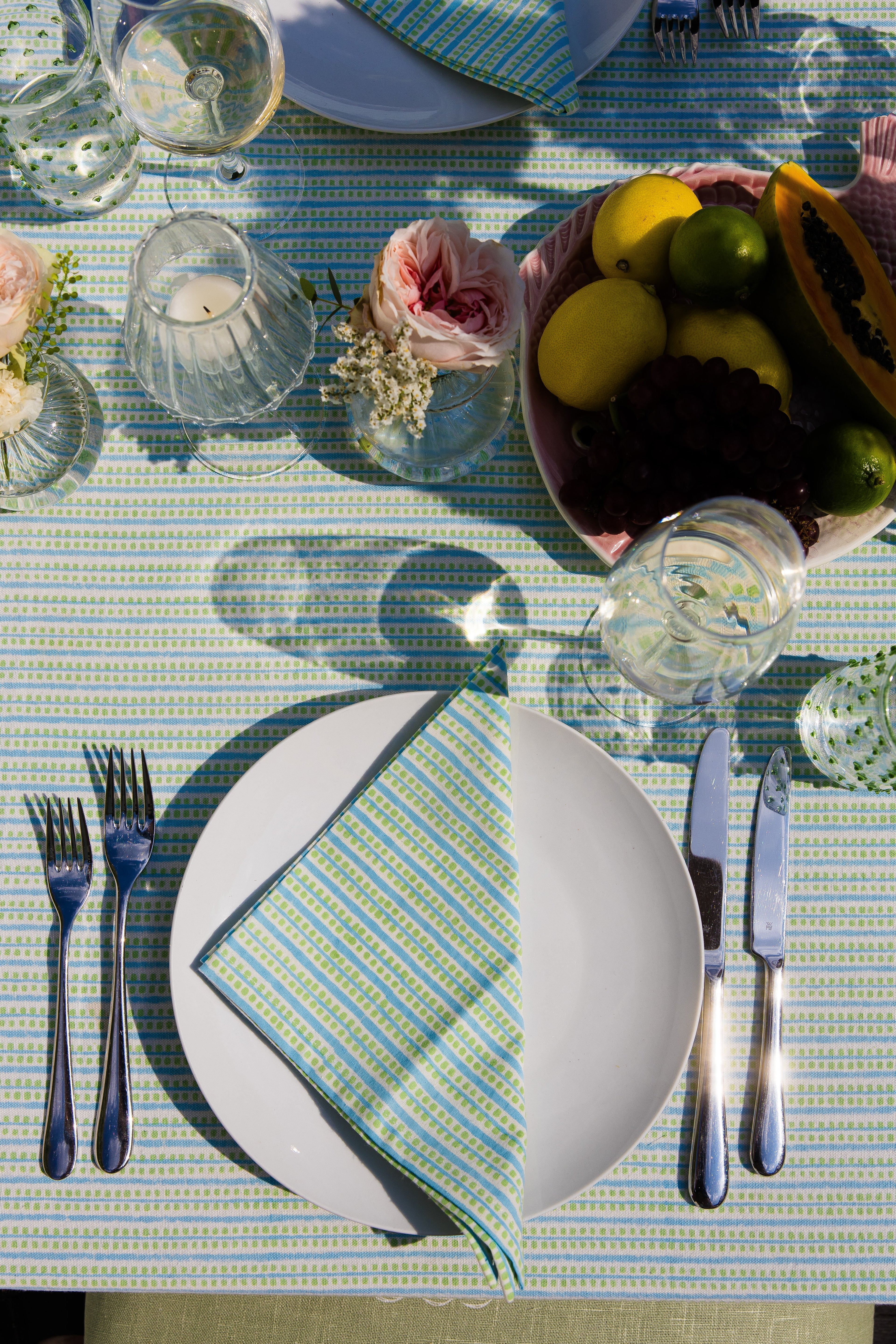 Contemporary Green & Turquoise Dash & Dot - Block Printed Cotton Tablecloth