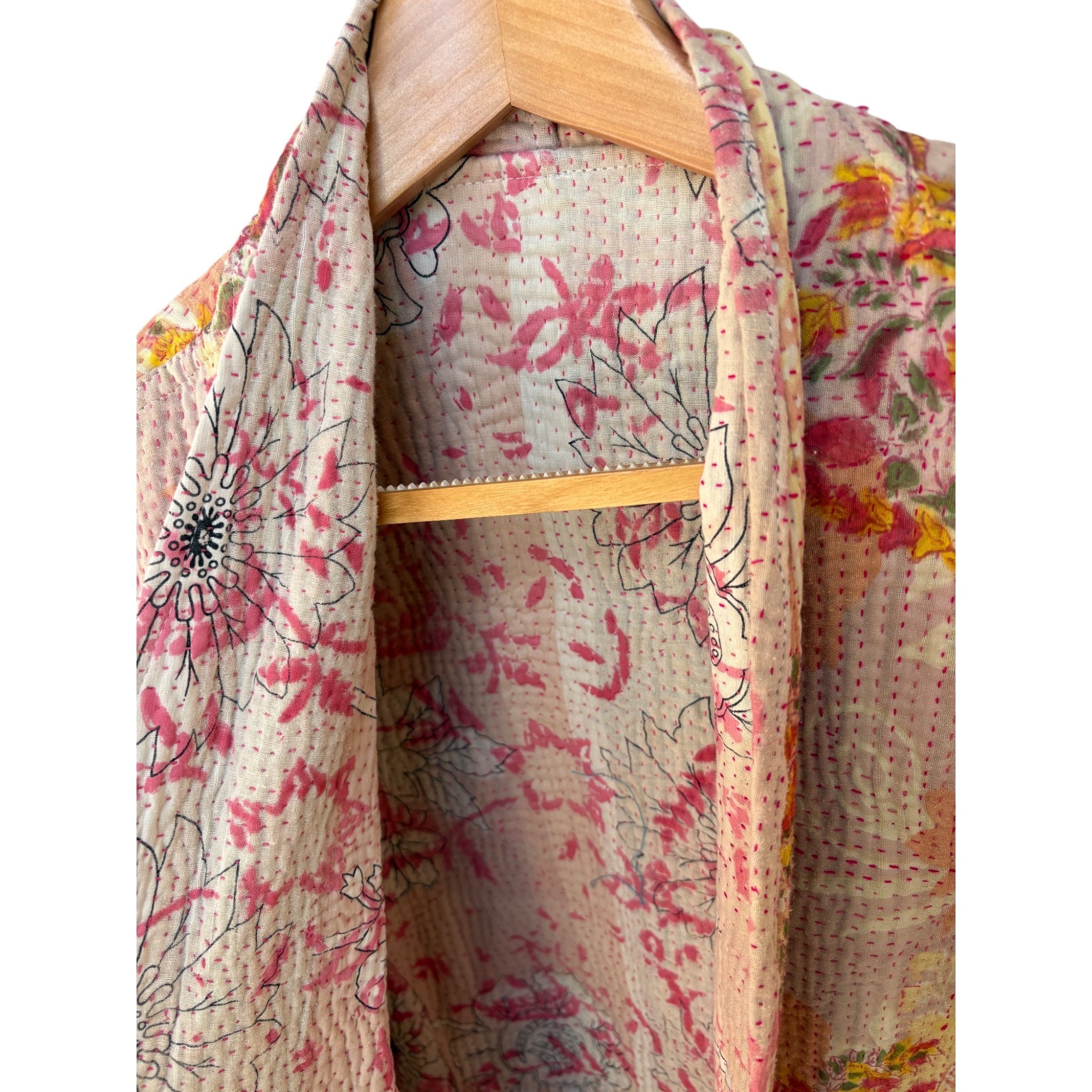 Coral & Pink Long Kantha Coat
