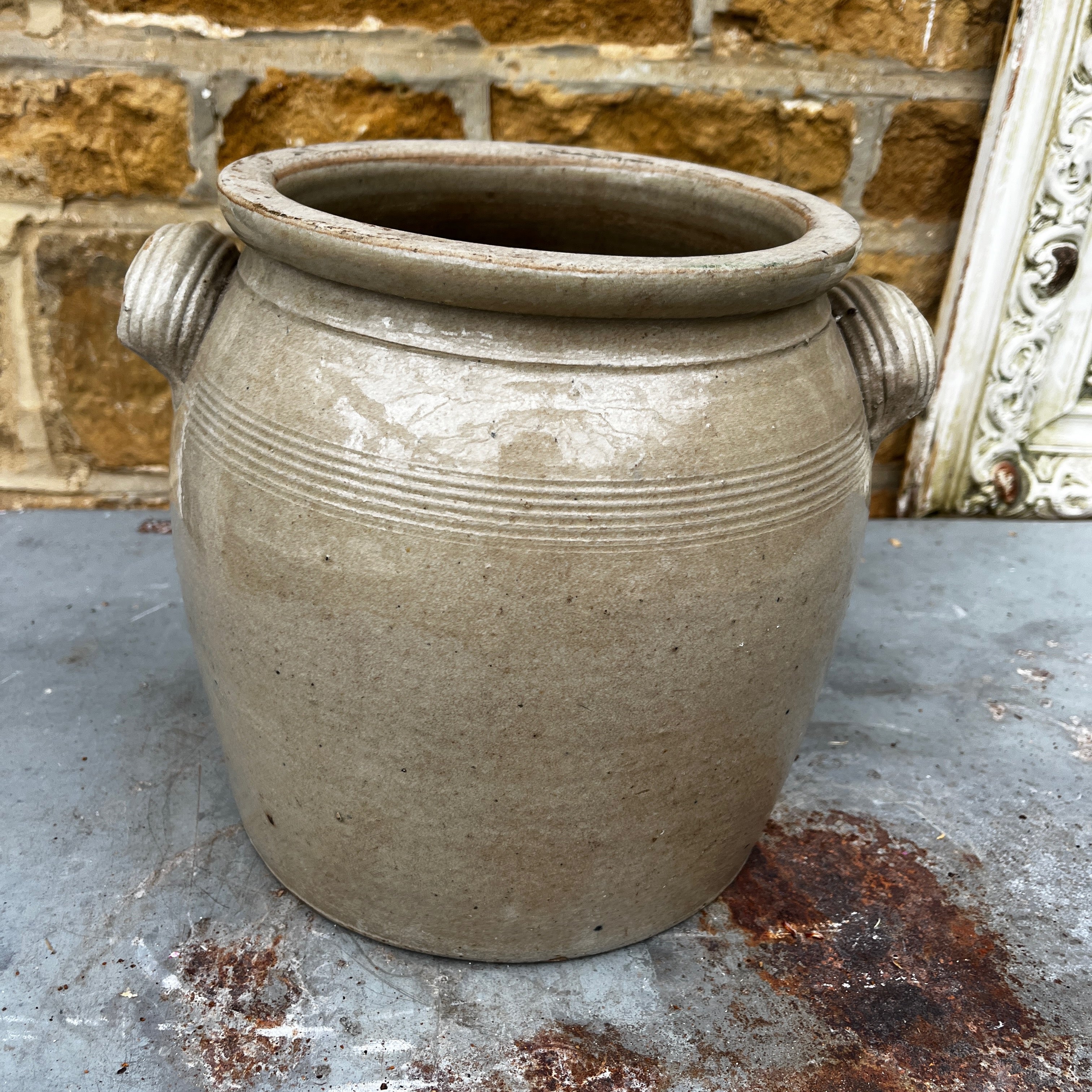 A Vintage French Stoneware Confit Pot with Two Handles