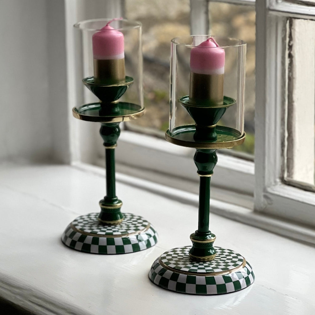 Checked Enamel Candlesticks