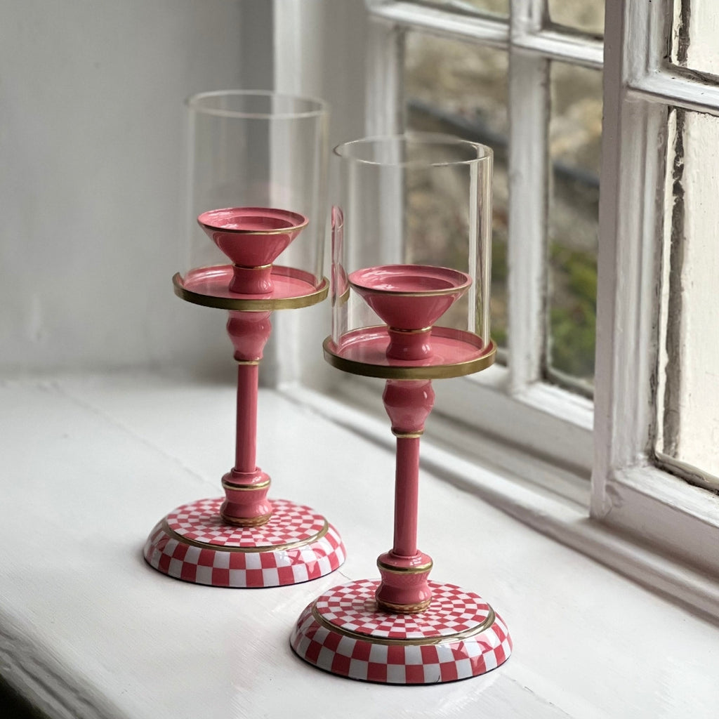 Checked Enamel Candlesticks