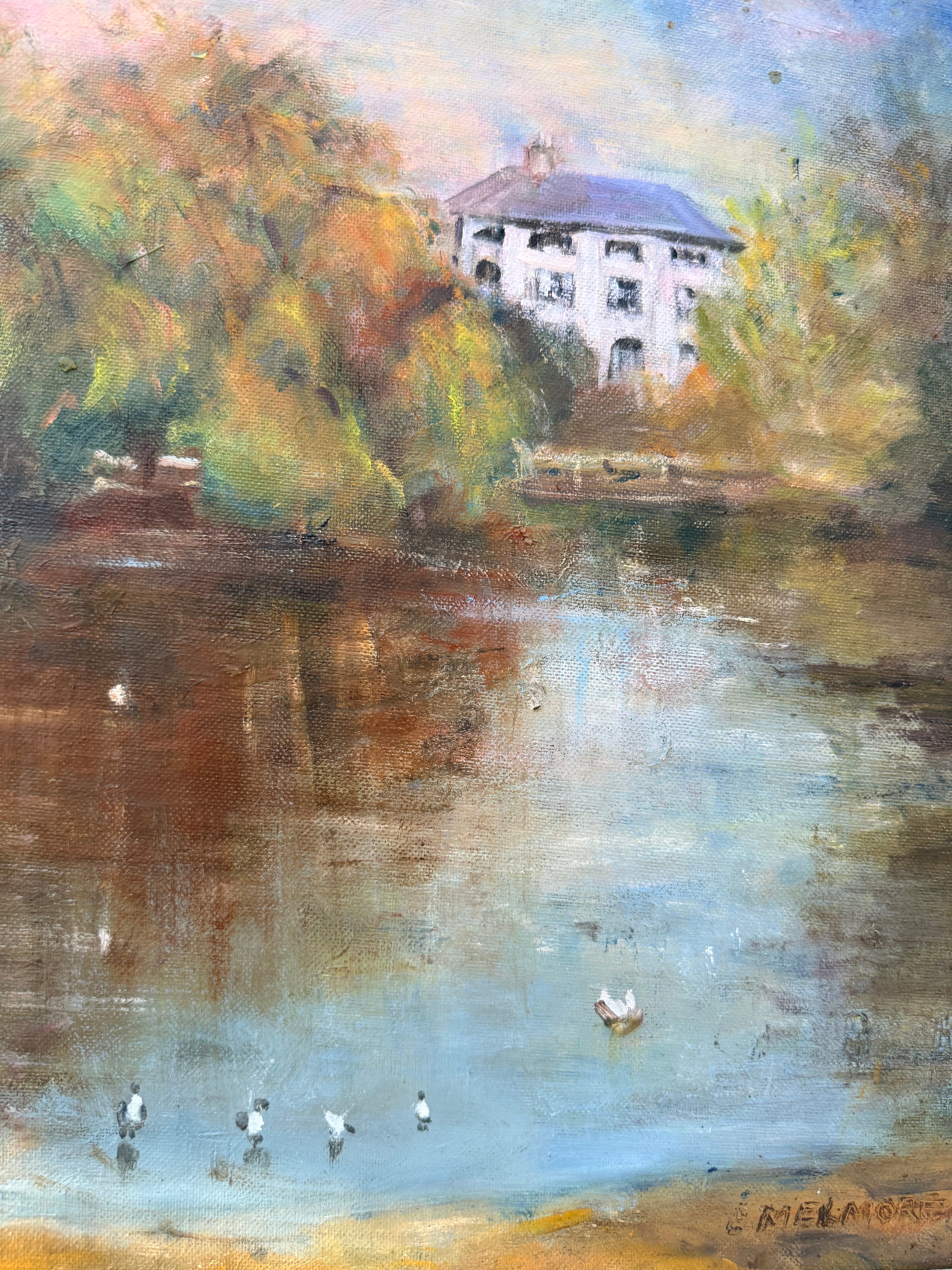 Feeding the Ducks: Mid 20th Century Signed Oil on Board