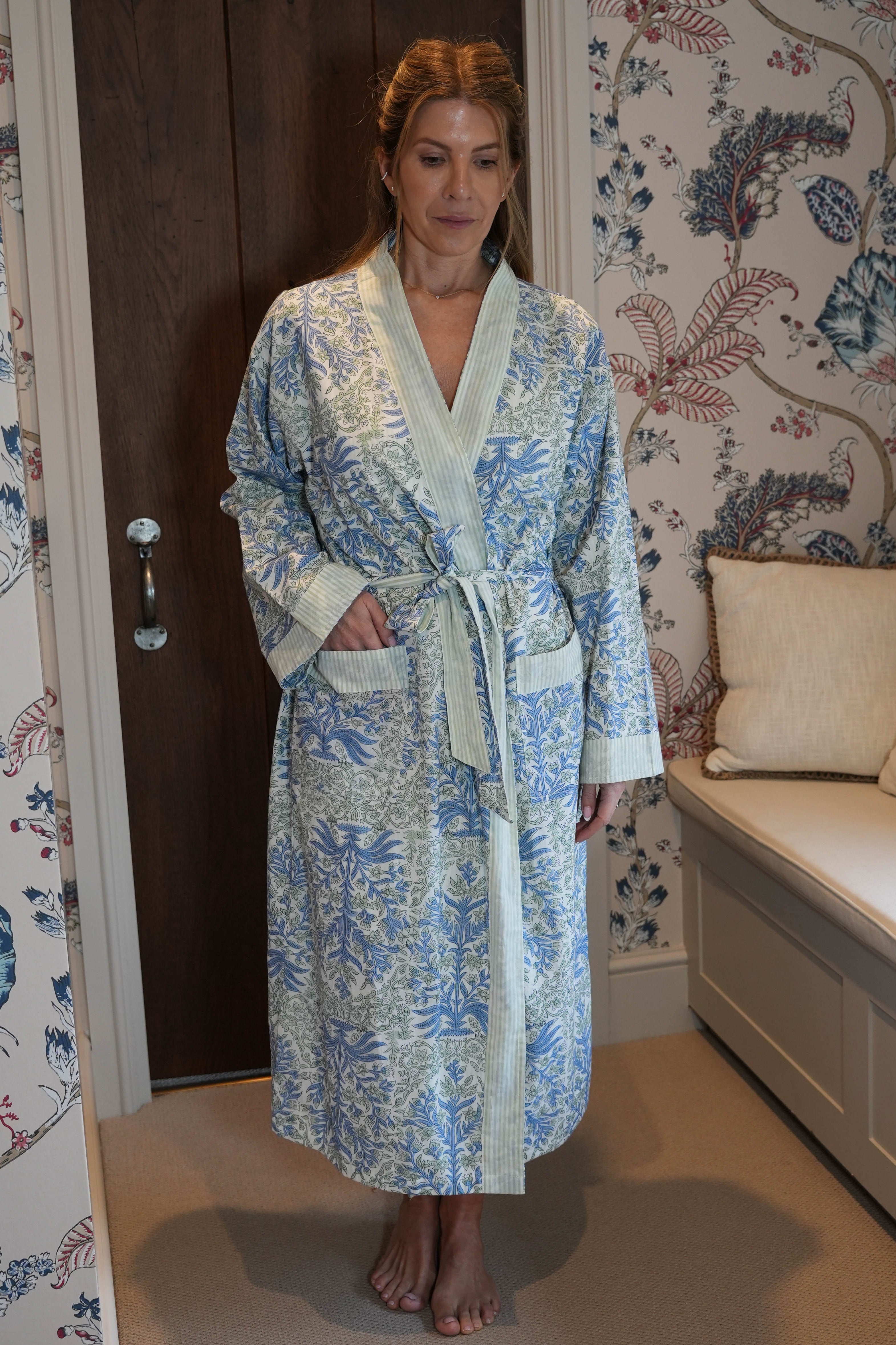 Reversible Hand Block Printed Cotton Robe - Meadow Mist