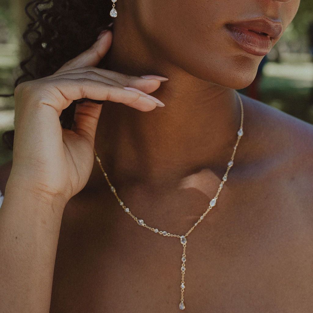 The Y Drop Necklace in Gold and Zirconia