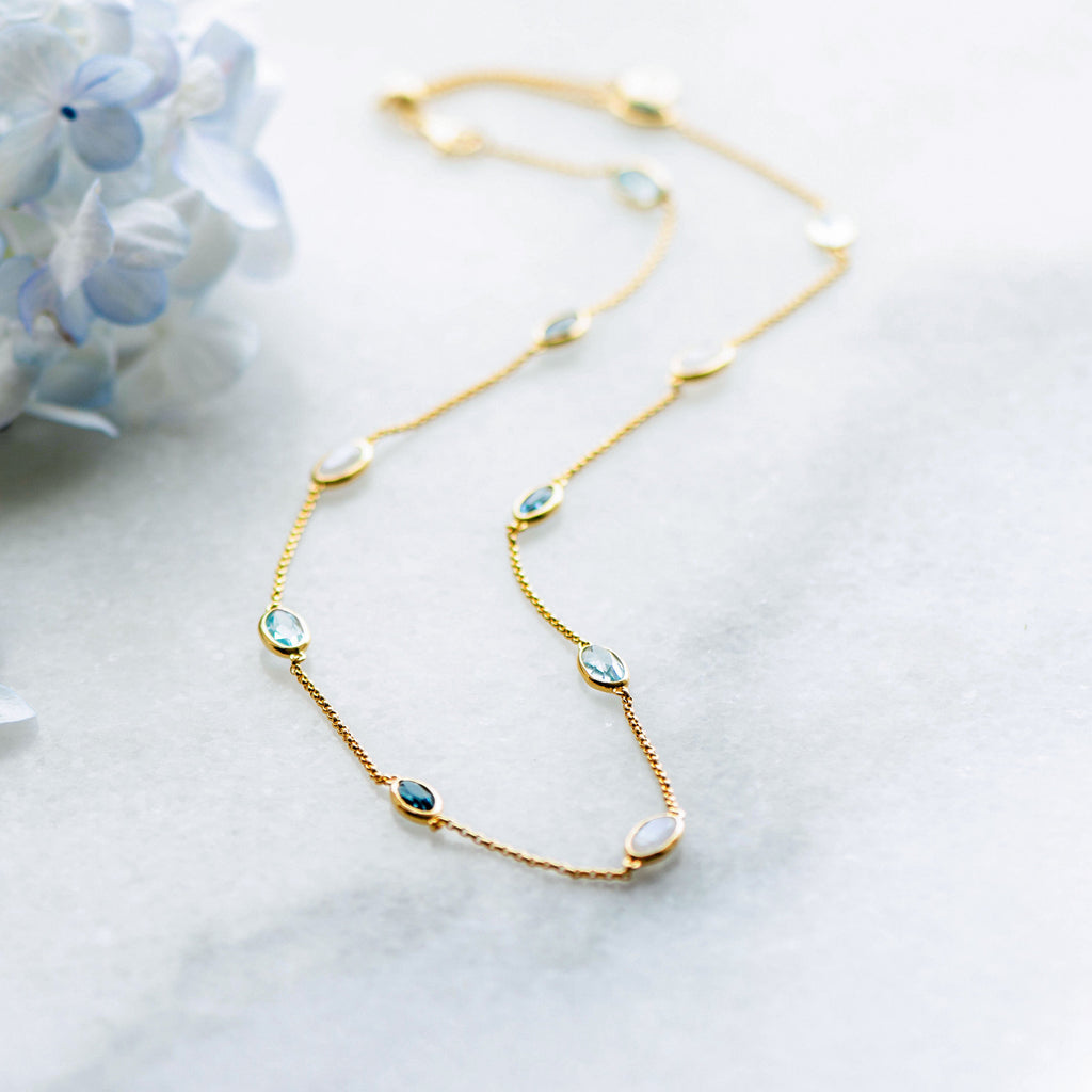 Lola Necklace in Gold with London Blue Topaz, Sky Blue Topaz and  Moonstone